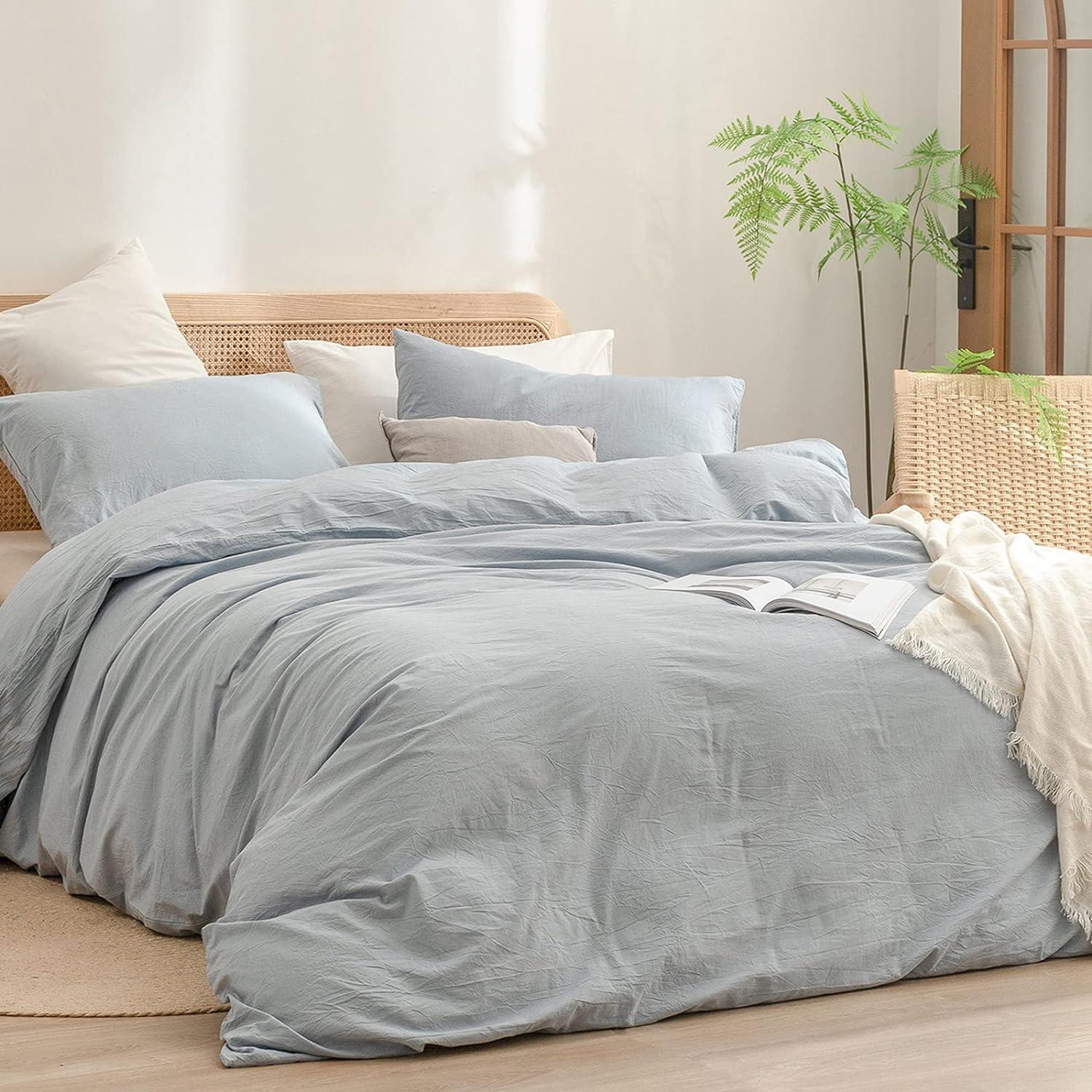BESTOUCH Duvet Cover Set 100% Washed Cotton Linen Feel Super Soft Comfortable Chic Lightweight 3 PCs Home Bedding Set Cornflower Blue King