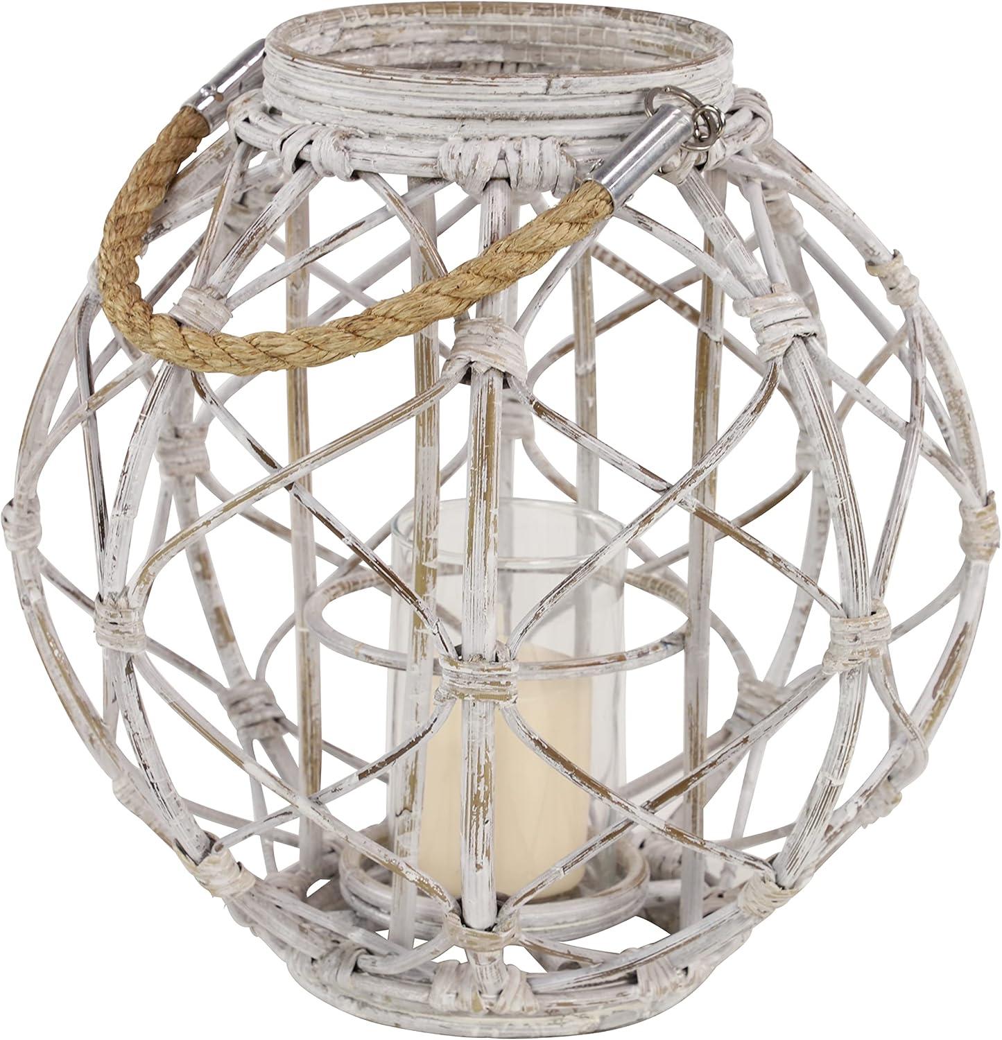 Decmode Large Round Woven Rattan White Lantern with Burlap Jute Rope Handle and Glass Insert, 15” x 15”