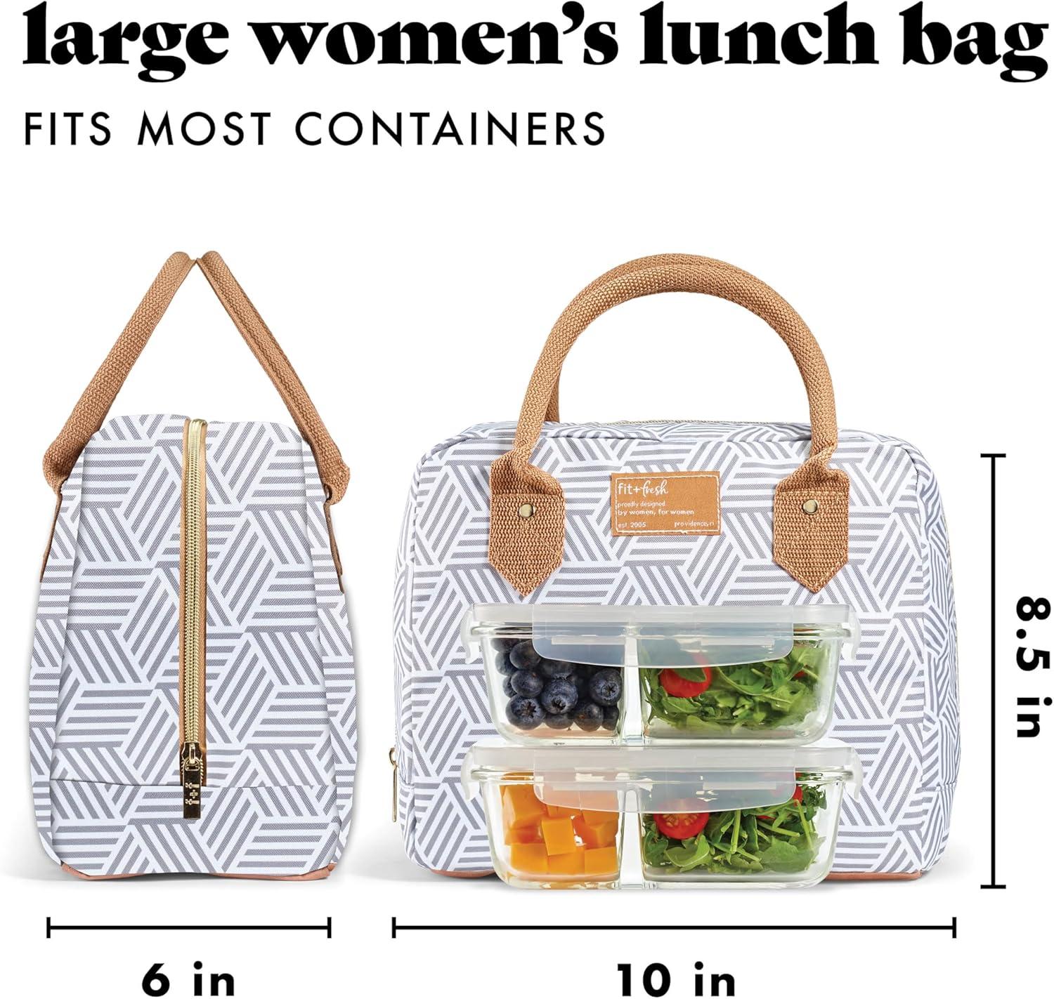 Fit + Fresh Bloomington Womens Lunch Bag, Insulated Lunch Box With Containers, Grey Seaport