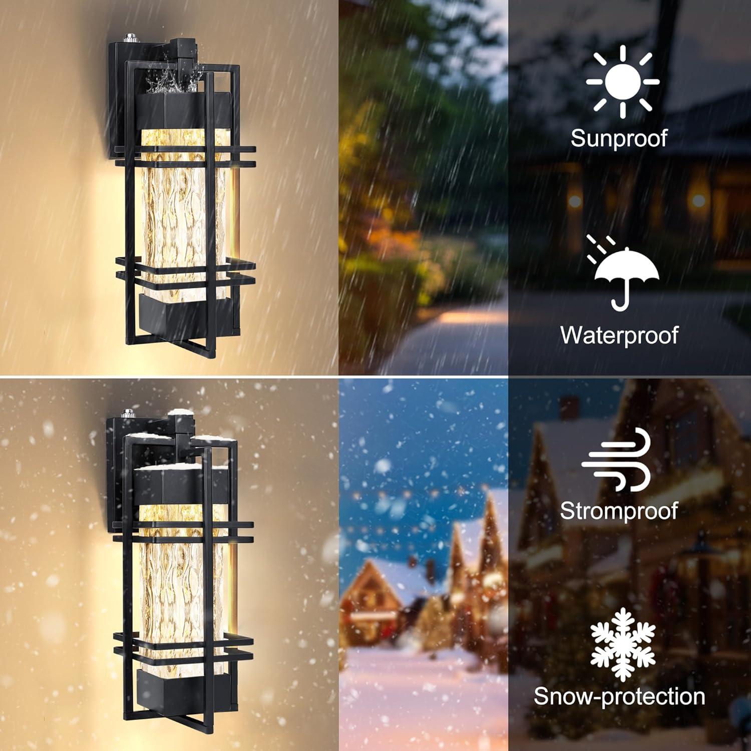 Black Modern Outdoor Wall Lanterns with Tempered Glass Shade, 9.76''