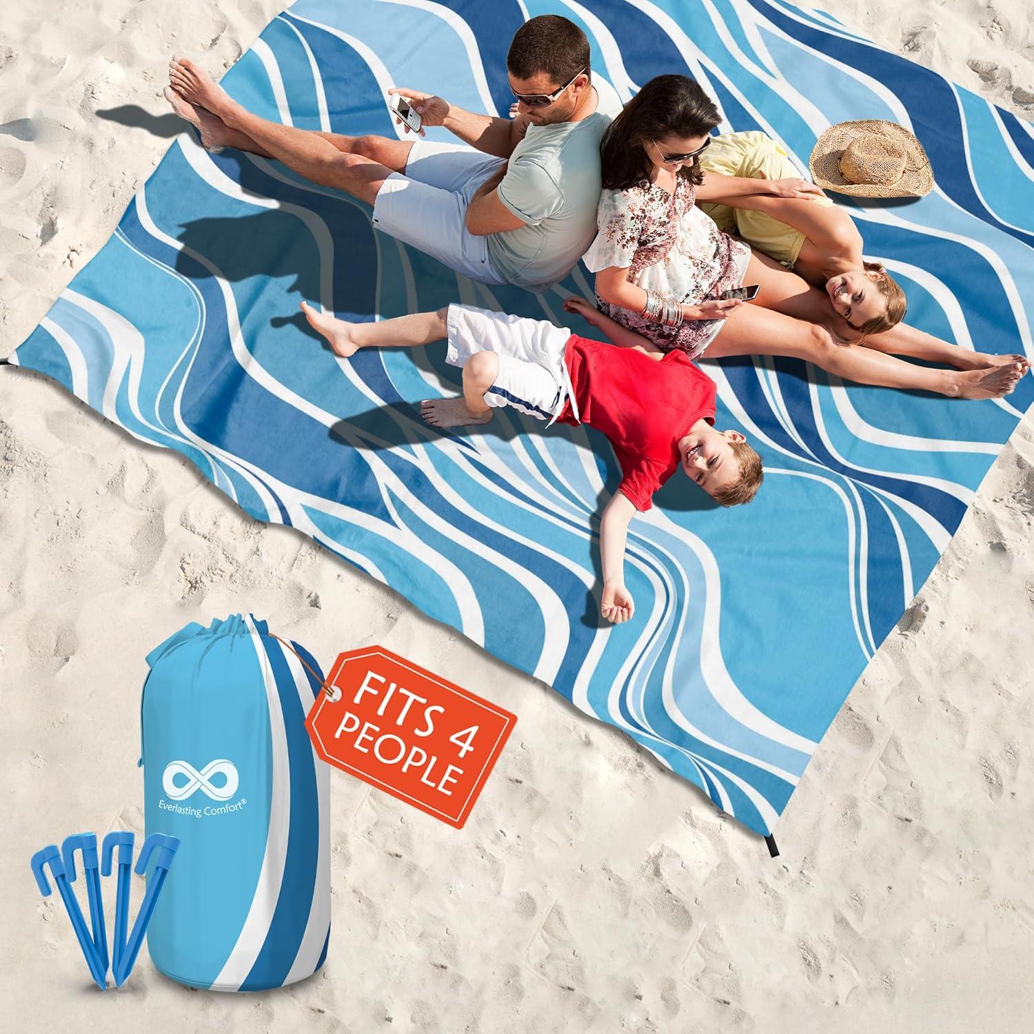 Everlasting Comfort 6-Person Beach Blanket, Oversized Extra Large Beach Mat, Tulum Blue