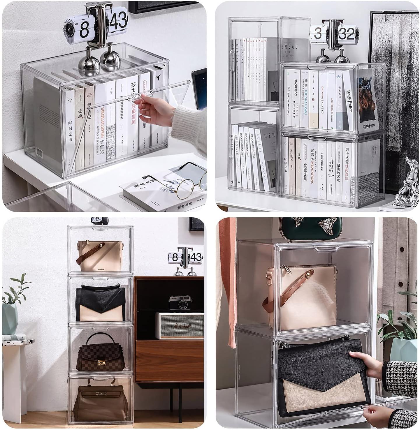 Clear Stackable Plastic Storage Bins with Magnetic Lid, Dustproof Book & Cosmetic Display Cases, Large Figures Collectibles Showcase, Shoe Box, Protection Organizer (Transparent, L-3 Pack)