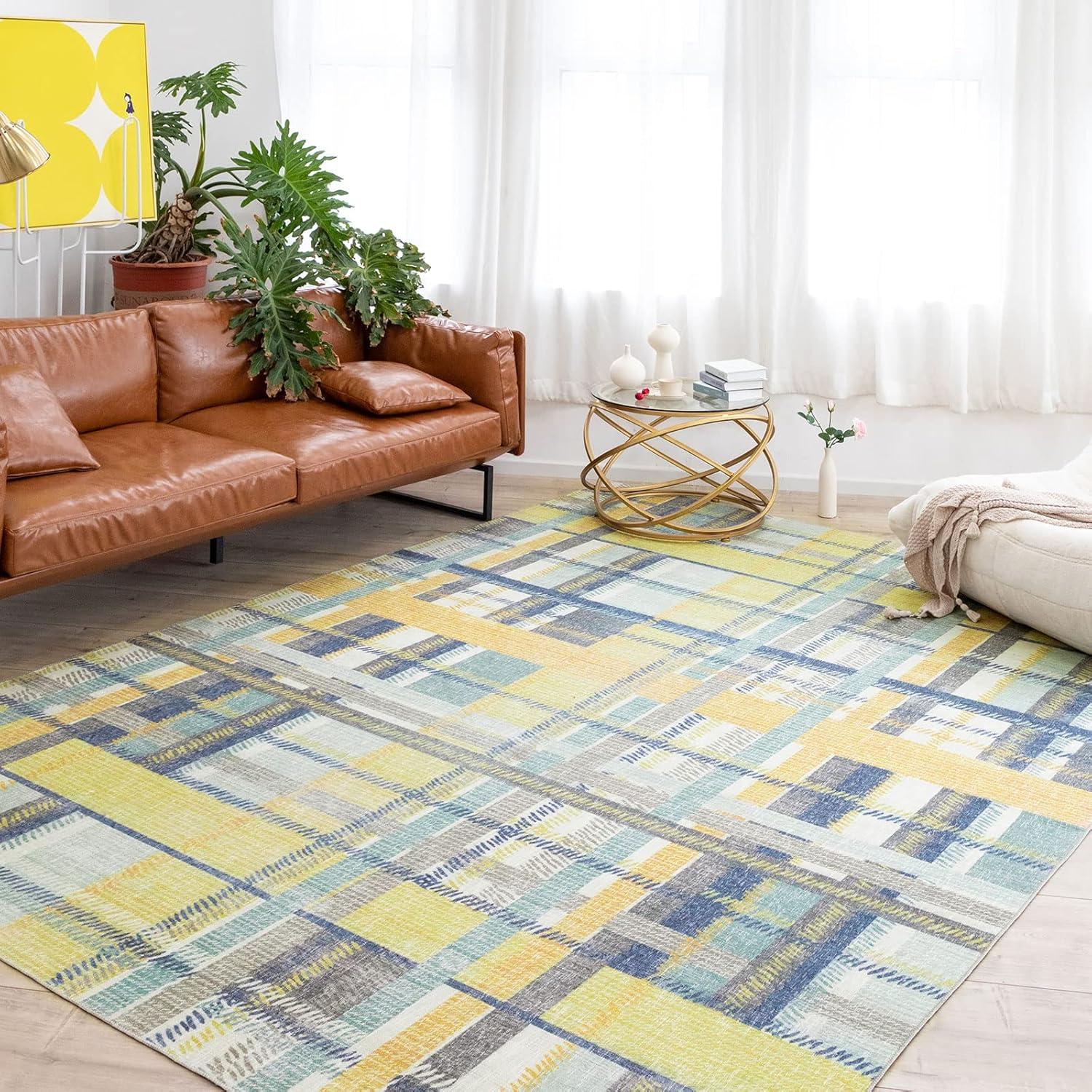 NELE Machine Washable Modern Lattice Area Rug Yellow/Blue Multi