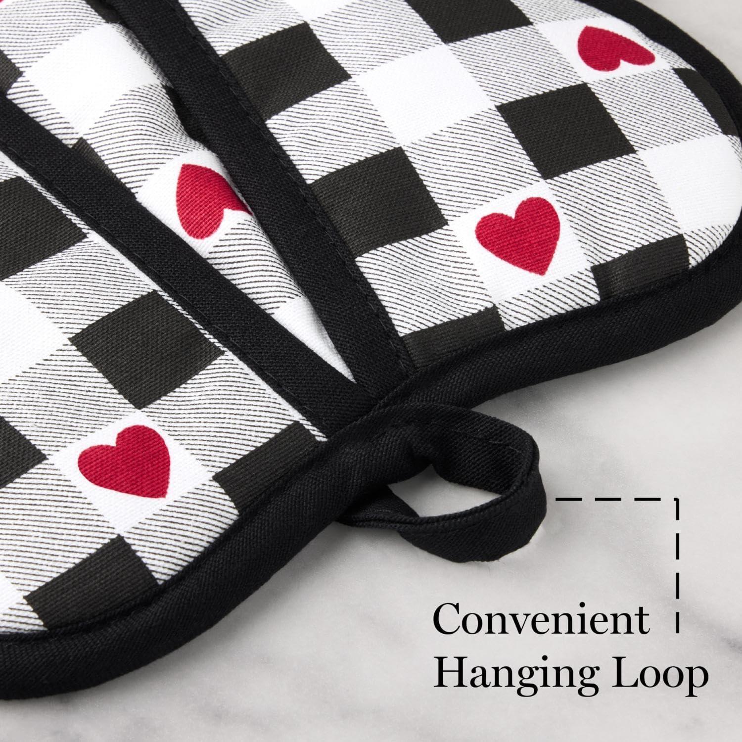 MARTHA STEWART Love Check Gingham Heart Shaped Pot Holder 2-Pack Set, 100% Cotton, Heat Resistant with Flexible Silicone Grip, Valentine’s Day Décor, Black/White/Red, 7”x8.5” (Set of 2)