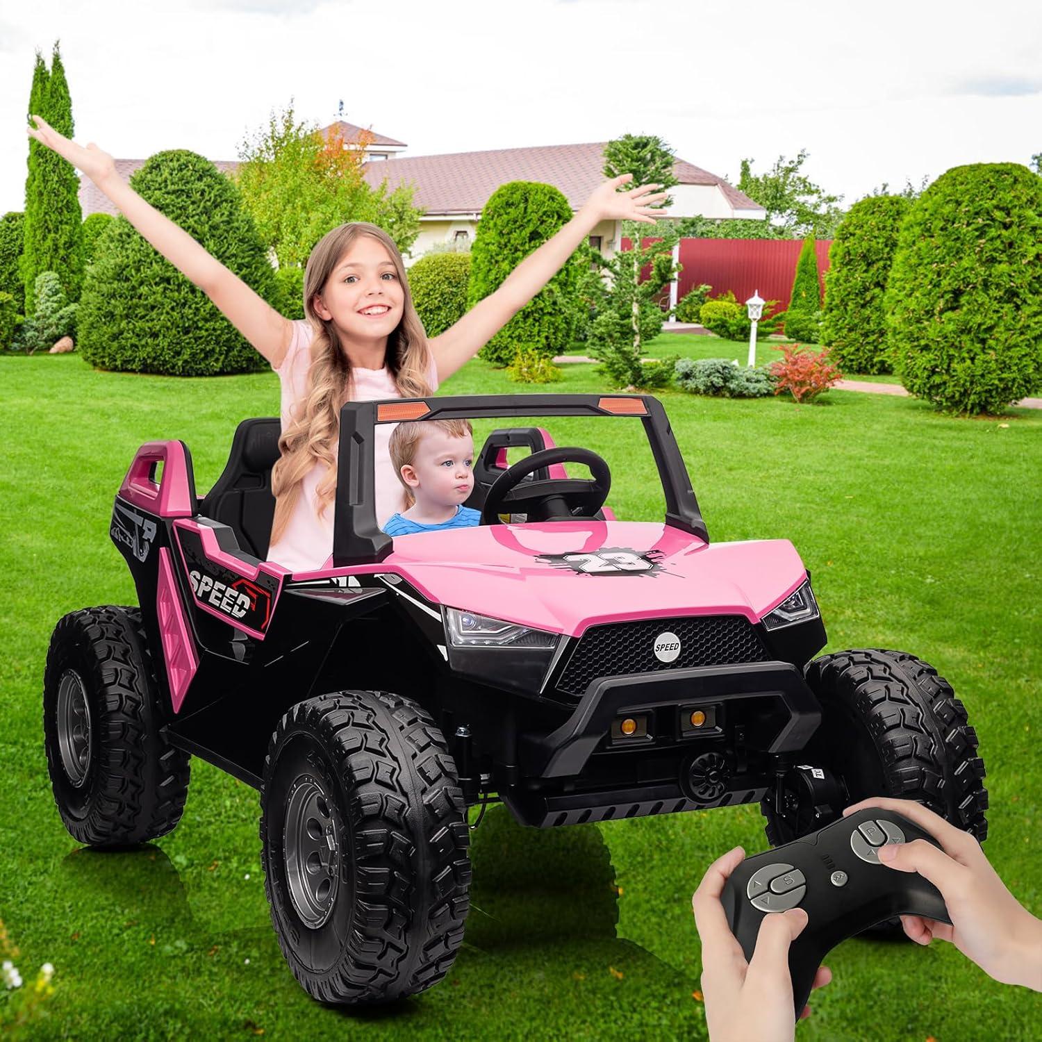 24V 2 Seaters Ride On UTV with Remote Control, Battery Powered Extra Large Ride Car Toy for 2 Kids, 2 Seats+One More Foldable Seat, 15.4" Eva Wheels Off-Road with Music, Light for 3-8 Years