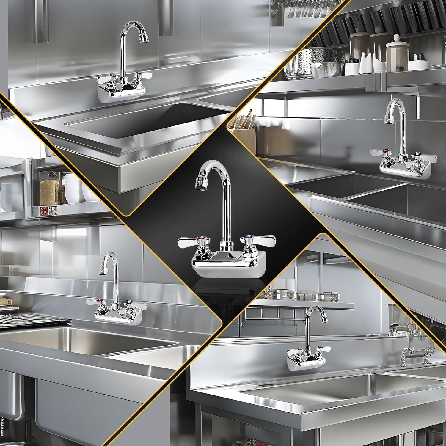 KWODE 4 Inch Center Commercial Hand Sink Faucet with 3-1/2”Gooseneck Spout, Dual Lever Handle Wall Mount Kitchen Sink Faucet, Brass Constructed, Chrome