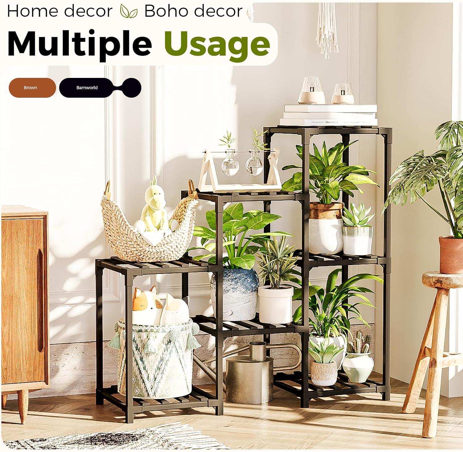 Black 3-Tier Bamboo Ladder Plant Stand for 7 Pots