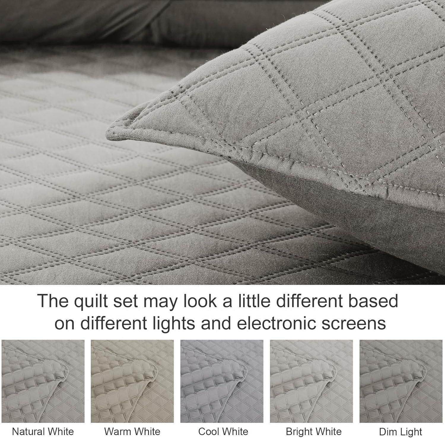 Exclusivo Mezcla Queen Quilt Bedding Set, Lightweight Soft Light Grey Queen Bedspreads Coverlets with Geometric Stitched Pattern