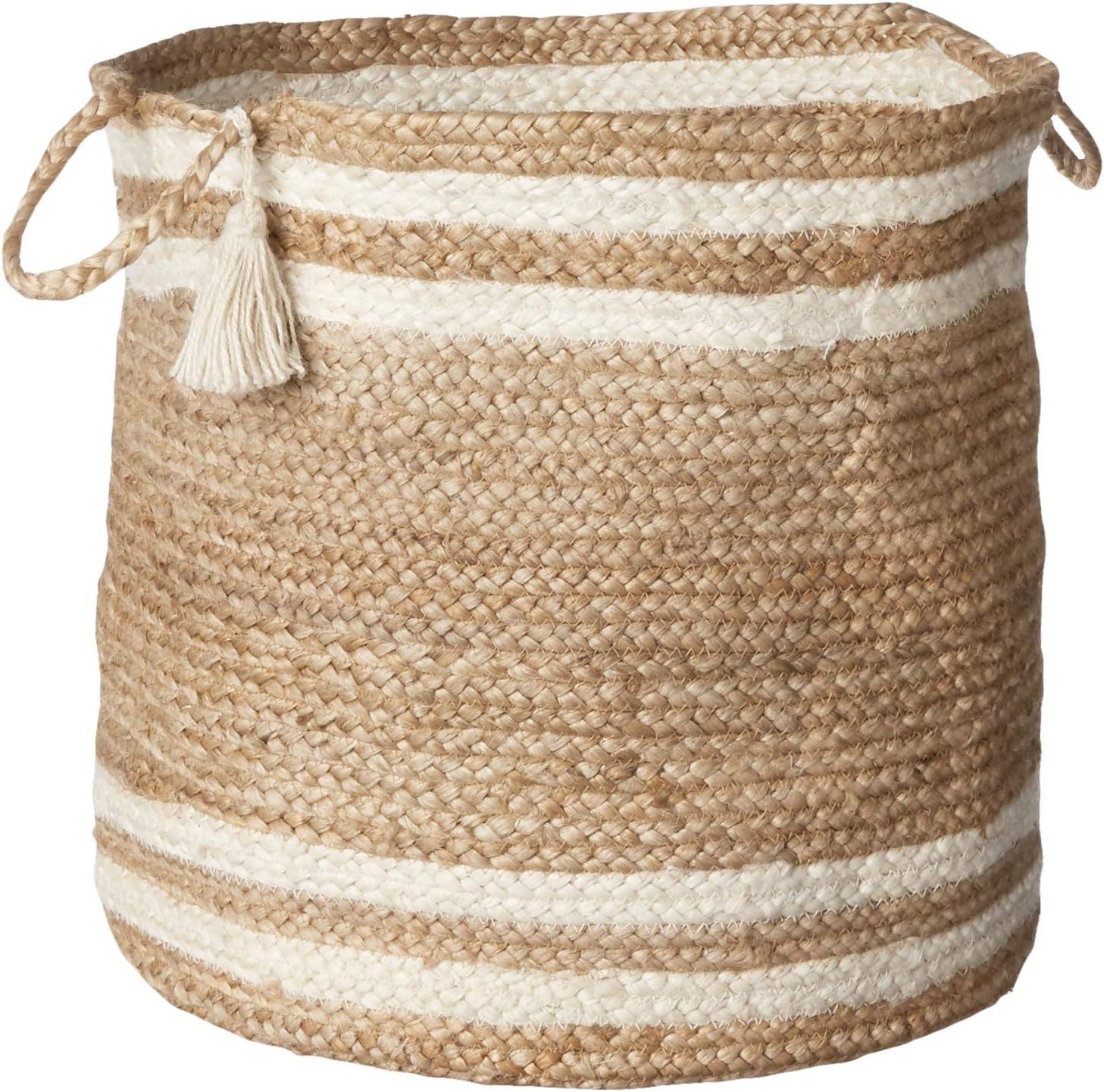 LR Home Baria Natural Jute Braided - 19" x 19" x 19" Striped Decorative Storage Basket