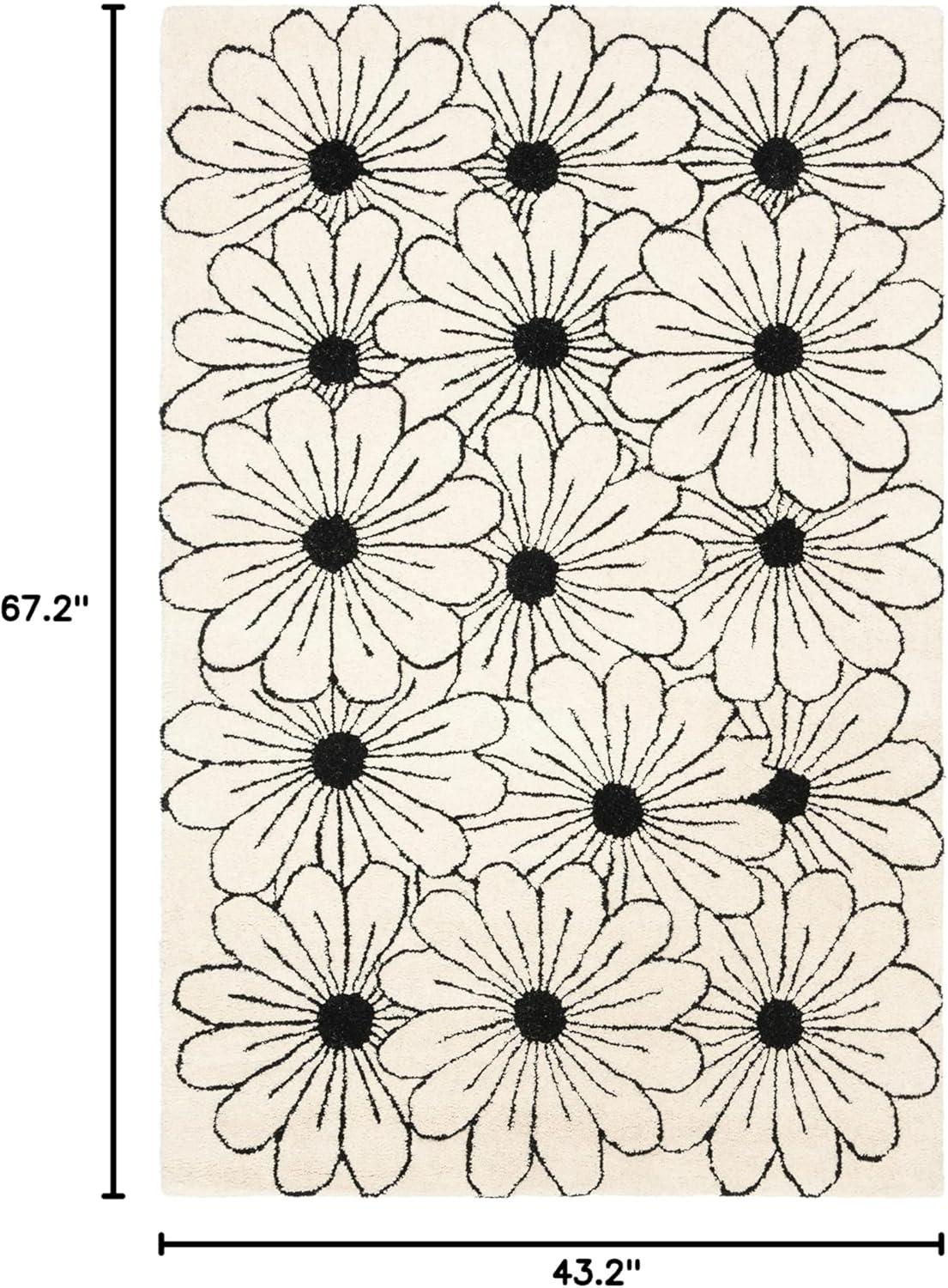 Ivory and Black Handmade Wool and Viscose Floral Rug