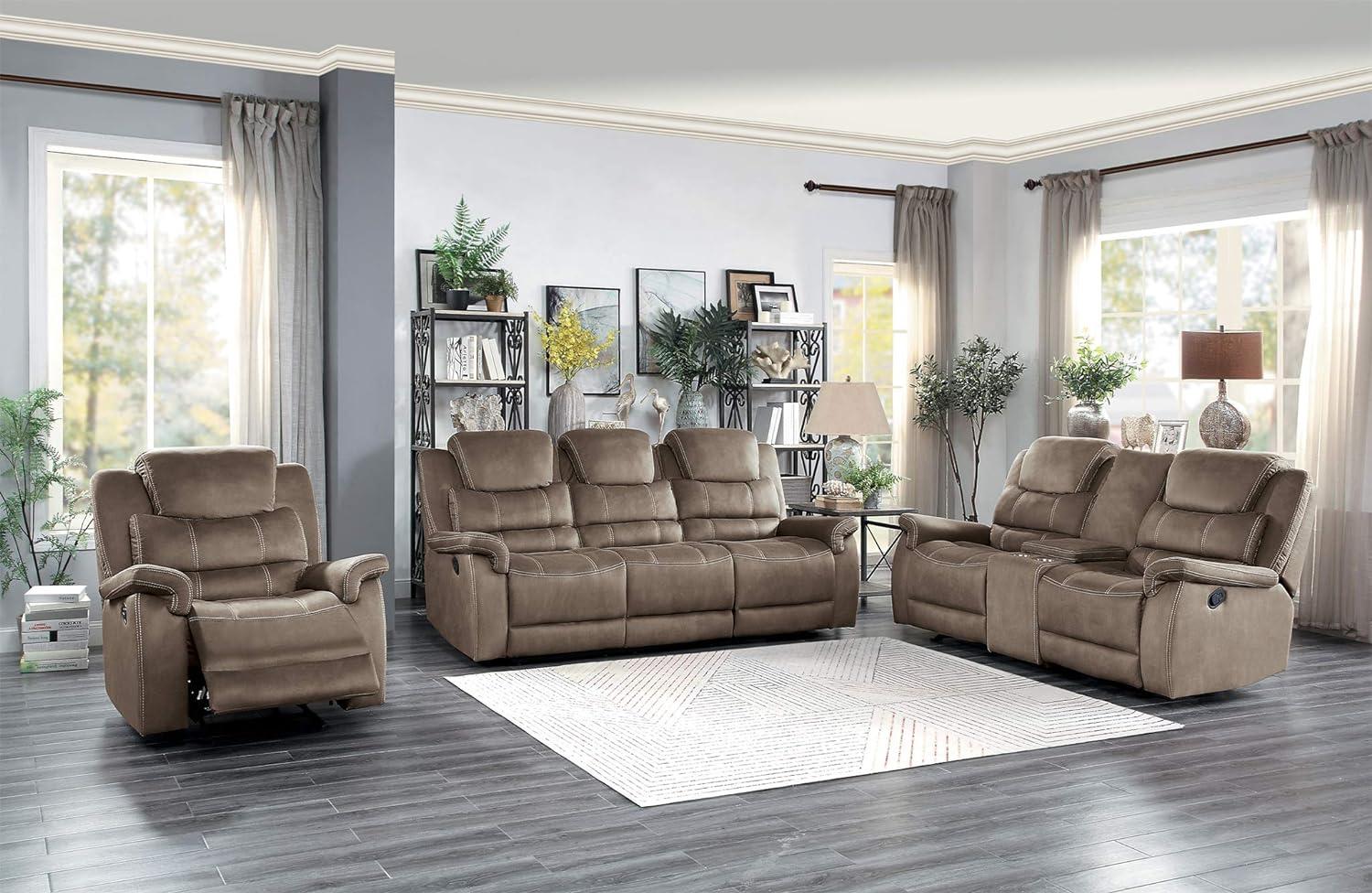 Contemporary Brown Microfiber Reclining Loveseat with Cup Holder and Storage