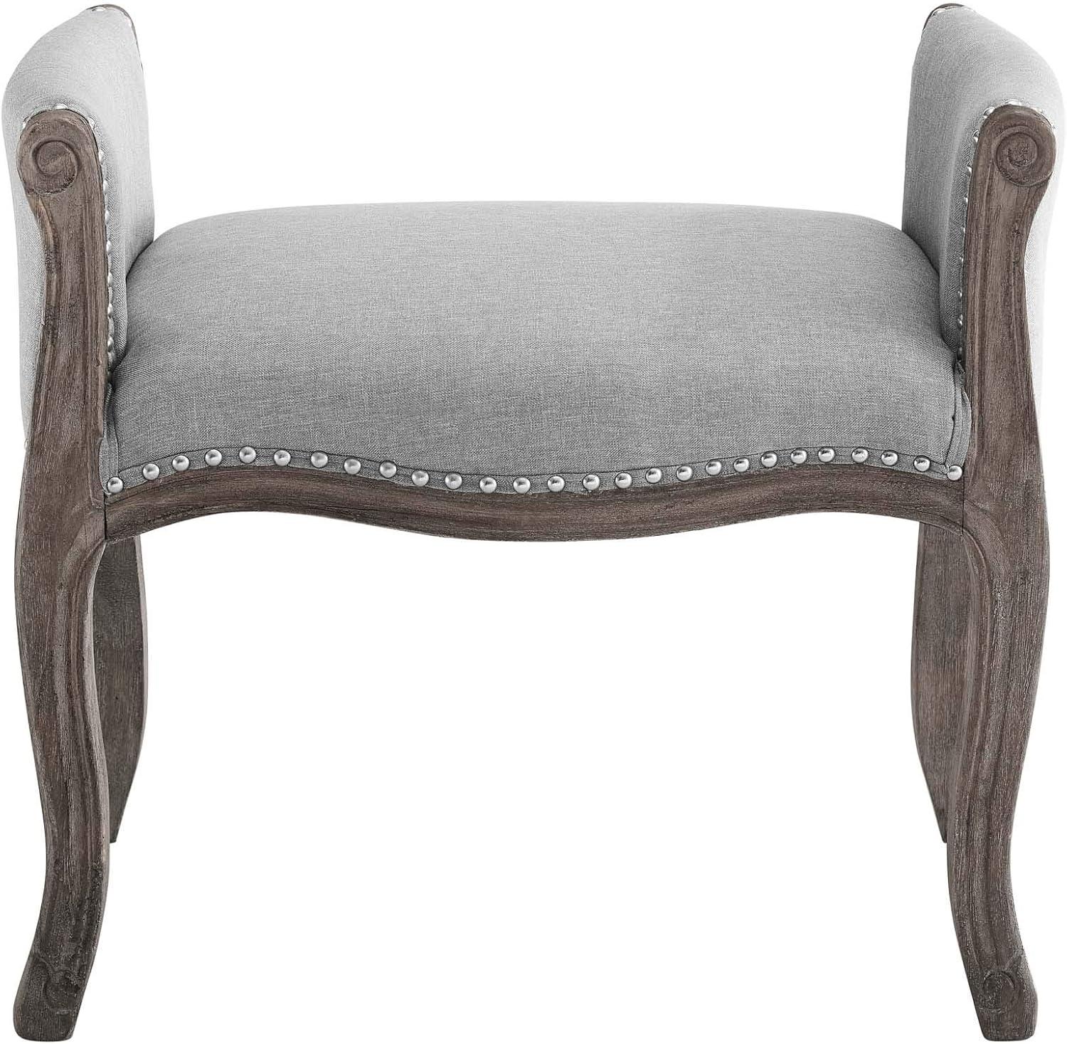 Light Gray French Upholstered Bench with Weathered Wood Legs