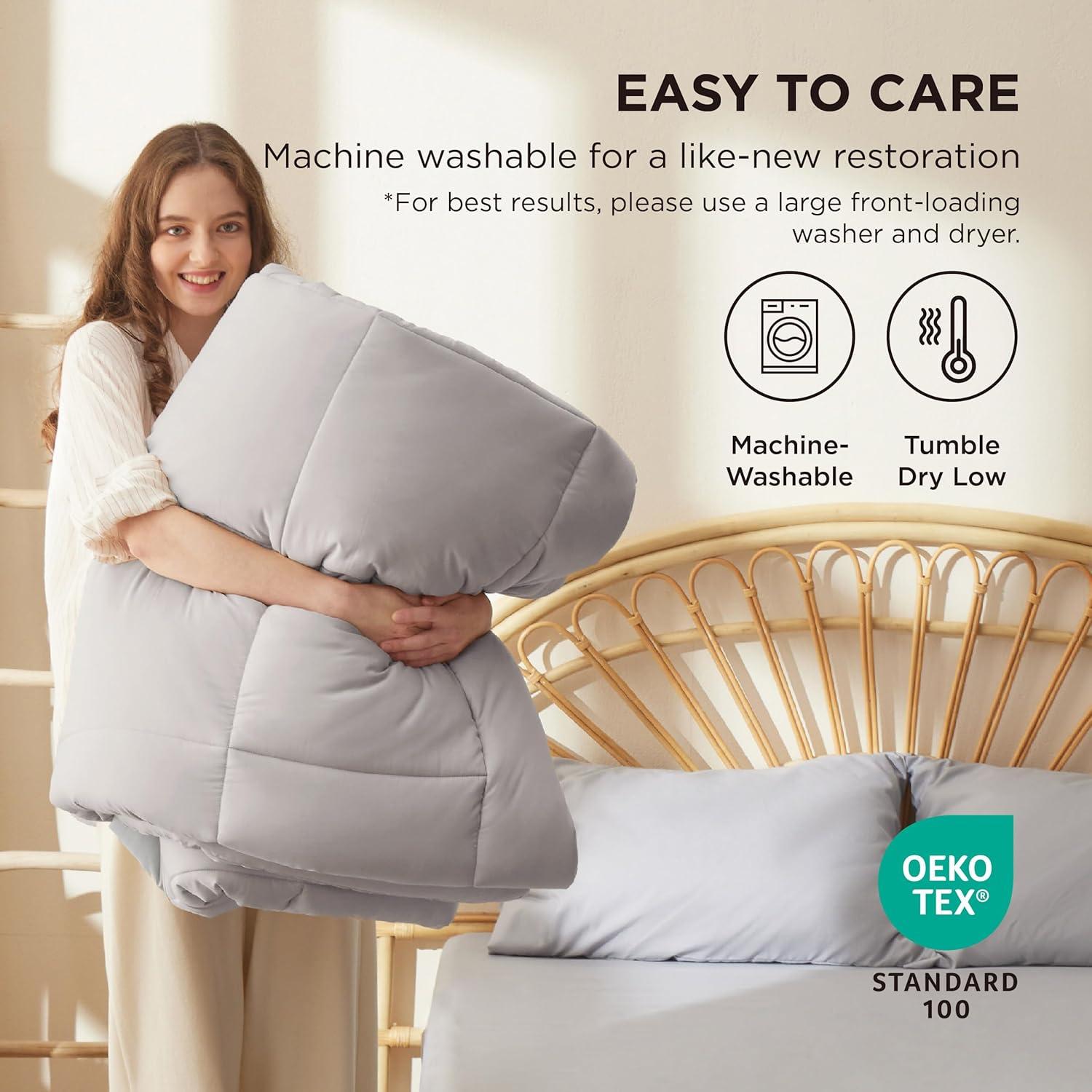 Bedsure Comforter Duvet Insert - Quilted Comforters Queen Size, All Season Duvet, GentleSoft Down Alternative Bedding, with 8 Tabs, Gifts for Women/Men, Light Grey, Queen 88 x 88 Inches