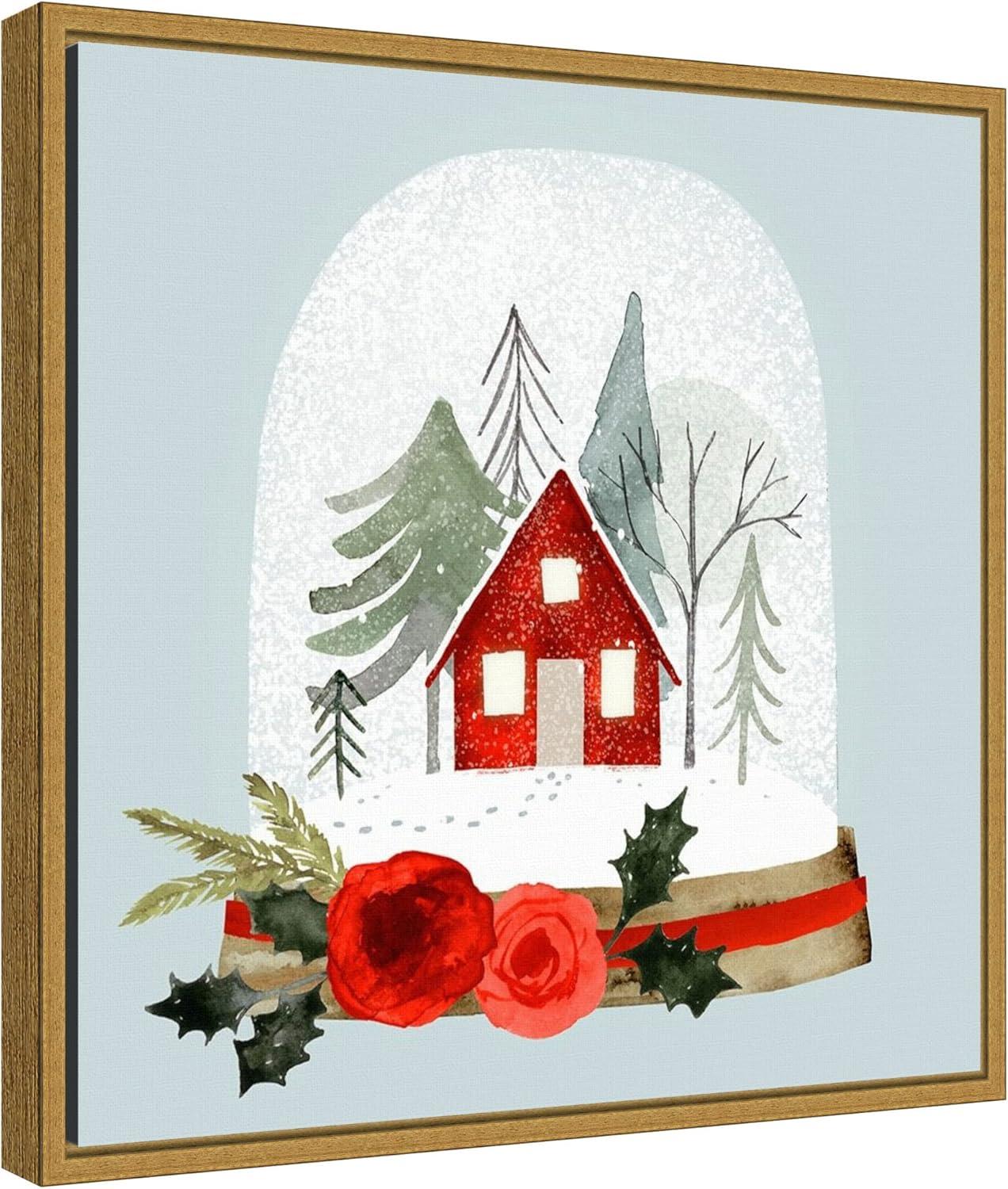 Small Red Cottage Snow Globe Canvas Print with Gold Frame