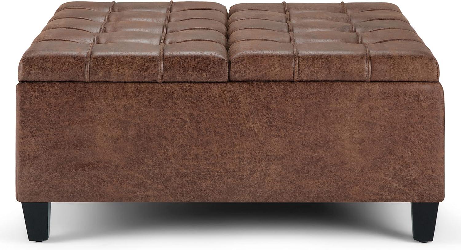 Simpli Home Coffee Table Storage Ottoman In Distressed Umber Brown Vegan Faux Leather