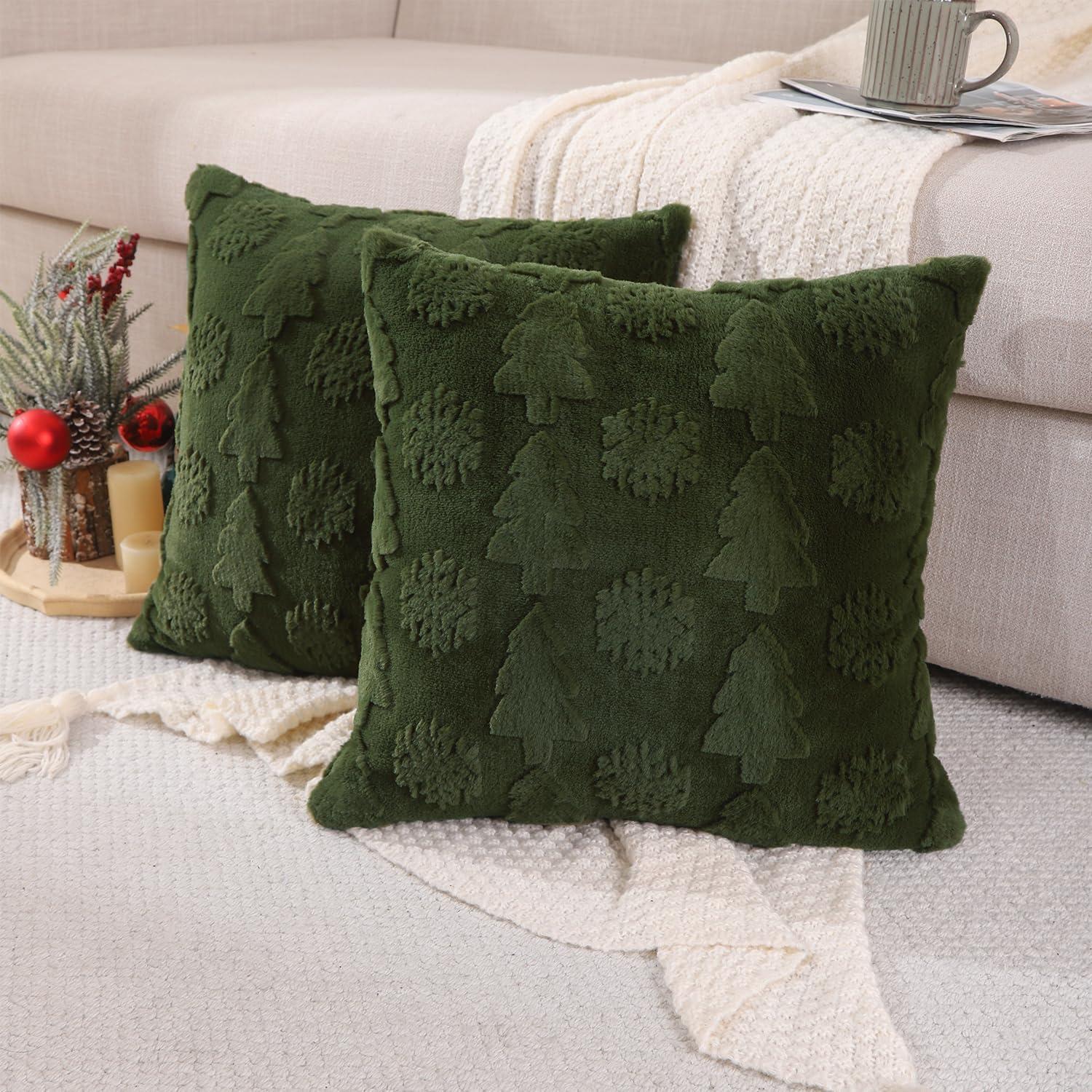 Dark Green Polyester Euro Christmas Tree Pillow Covers, 18x18 Inch, Set of 2