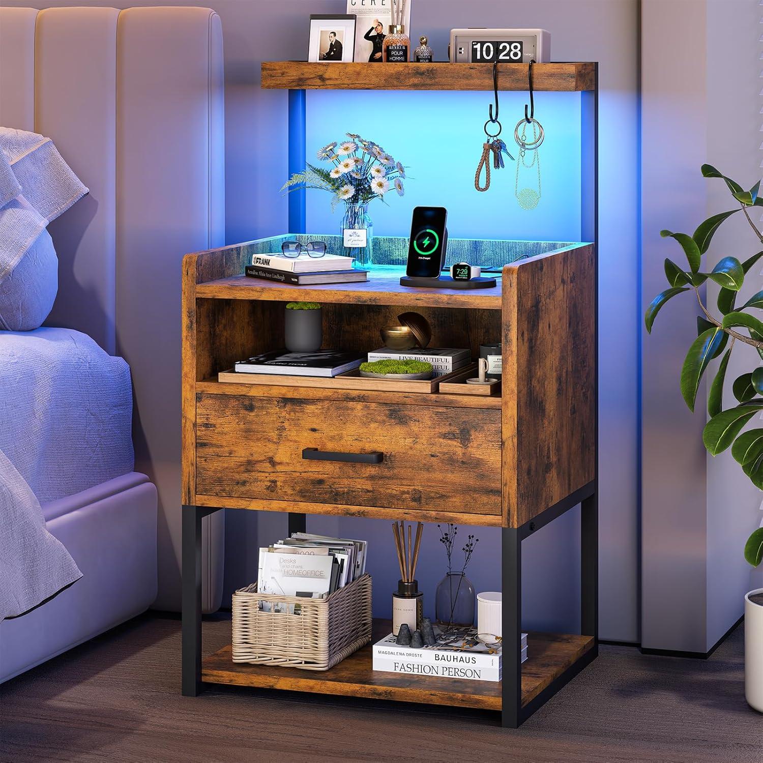 Brown LED Night Stand with Charging Station, Modern Bedside Table for Bedroom