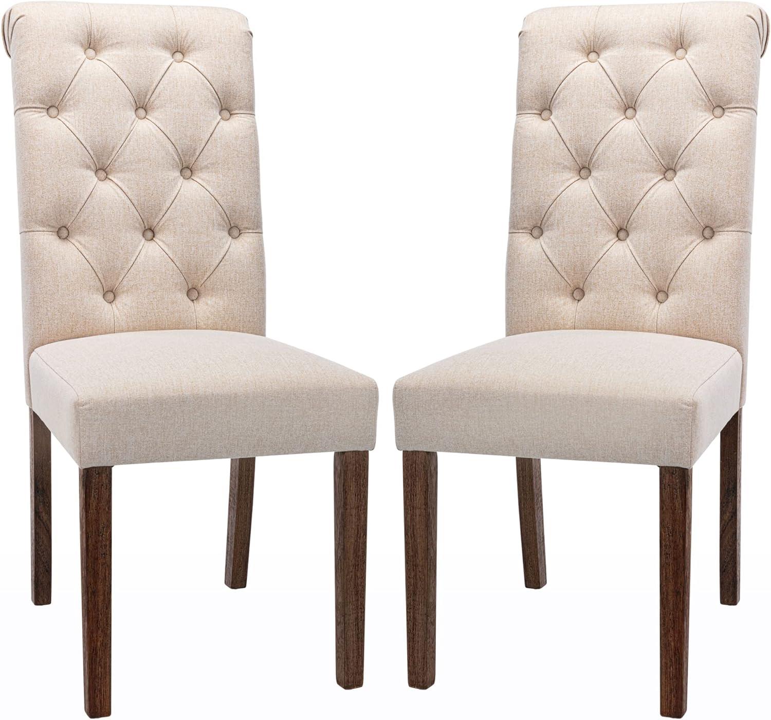 COLAMY Tufted Dining Room Chairs Set of 2, Accent Parsons Diner Chairs Upholstered Fabric Side Stylish Kitchen Chairs with Solid Wood Legs and Padded Seat - Beige