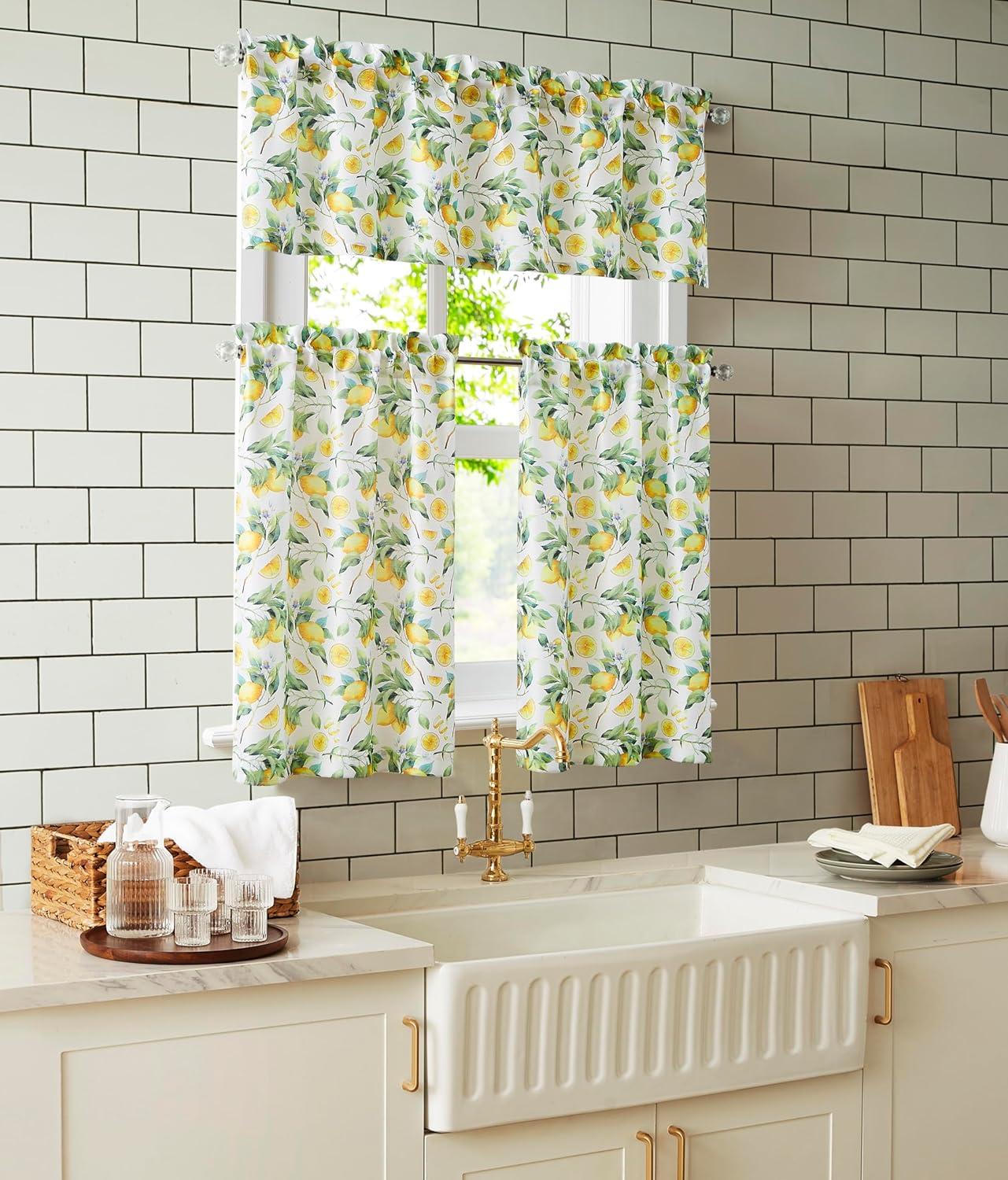 RT Designer's Collection Tribeca Lemons Printed 3 Pieces Kitchen Curtain Set Includes 1 Valance 52" x 18" and 2 Tiers 26" x 36" Each Multi Color