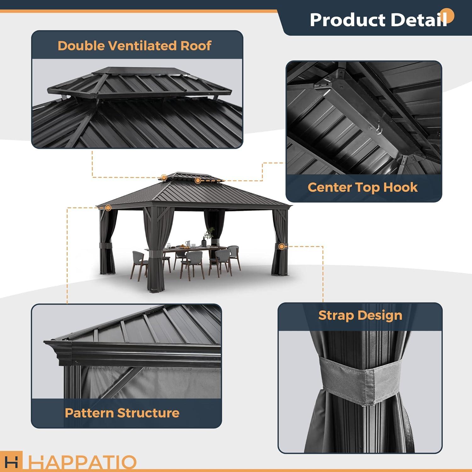 Sunmthink 12' x 16' Outdoor Hardtop Gazebo, Galvanized Double Roof Gazebo with Curtain and Netting for Patio, Garden, Lawn, Party