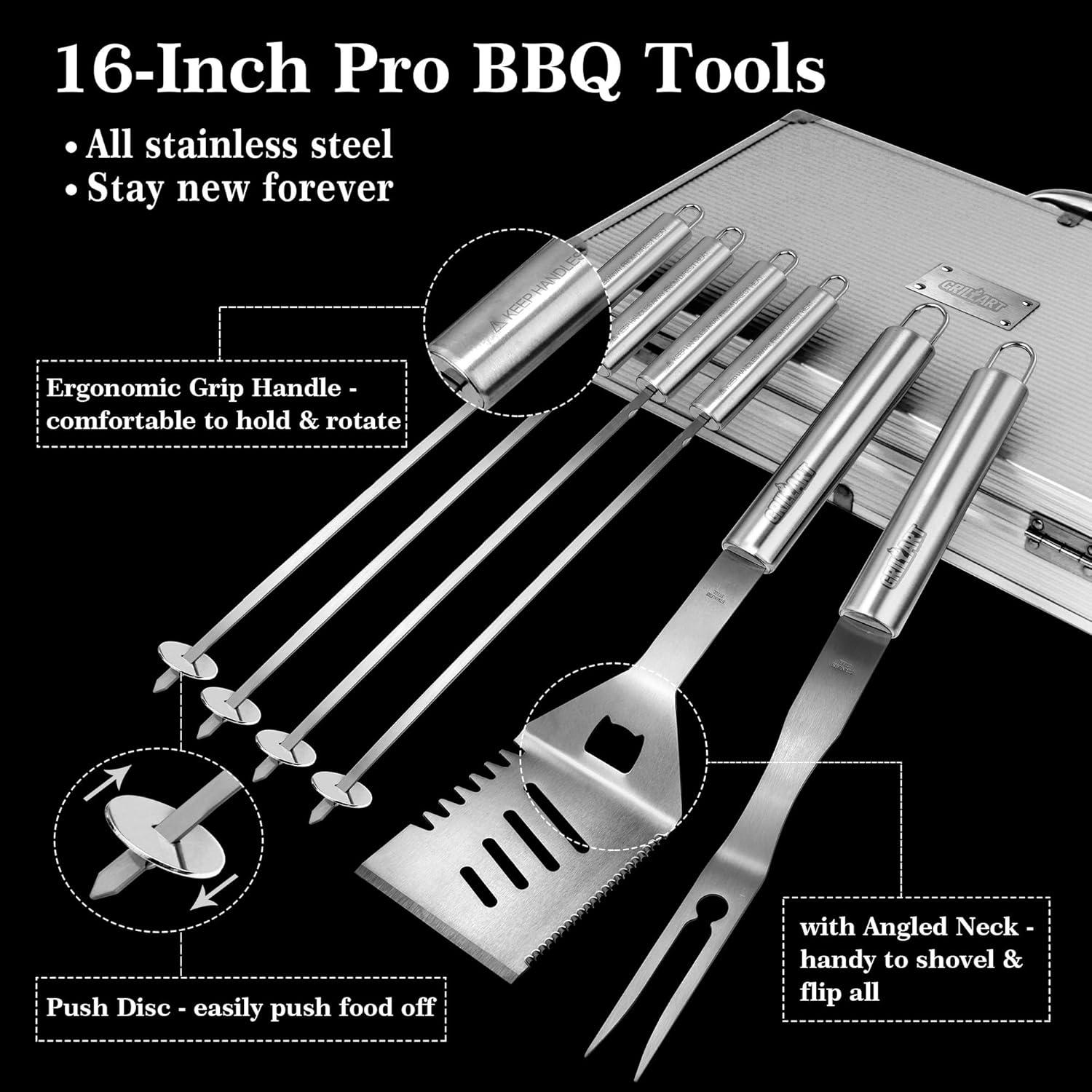 BBQ Grill Utensil Tools Set - GRILLART Reinforced BBQ Tongs 19-Piece Stainless-Steel Barbecue Grilling Accessories with Aluminum Storage Case -Complete Outdoor Grill Kit for Dad  Birthday