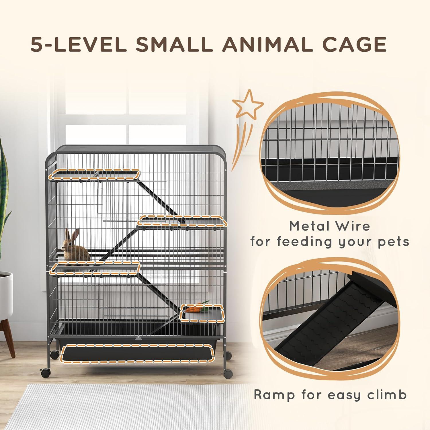 Gray 5-Level Metal Small Animal Cage with Wheels and Removable Tray