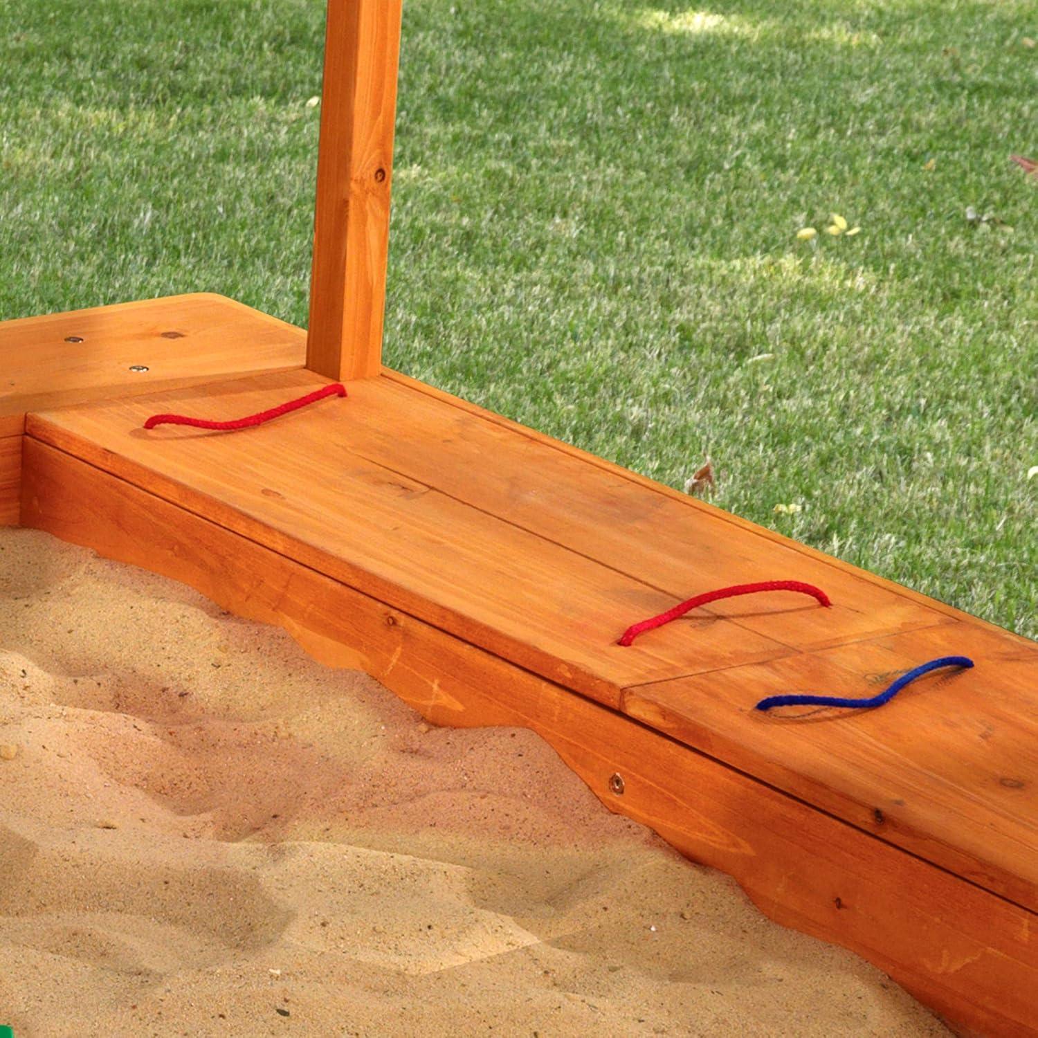 KidKraft Outdoor Covered Wooden Sandbox with Bins and Striped Navy & White Canopy