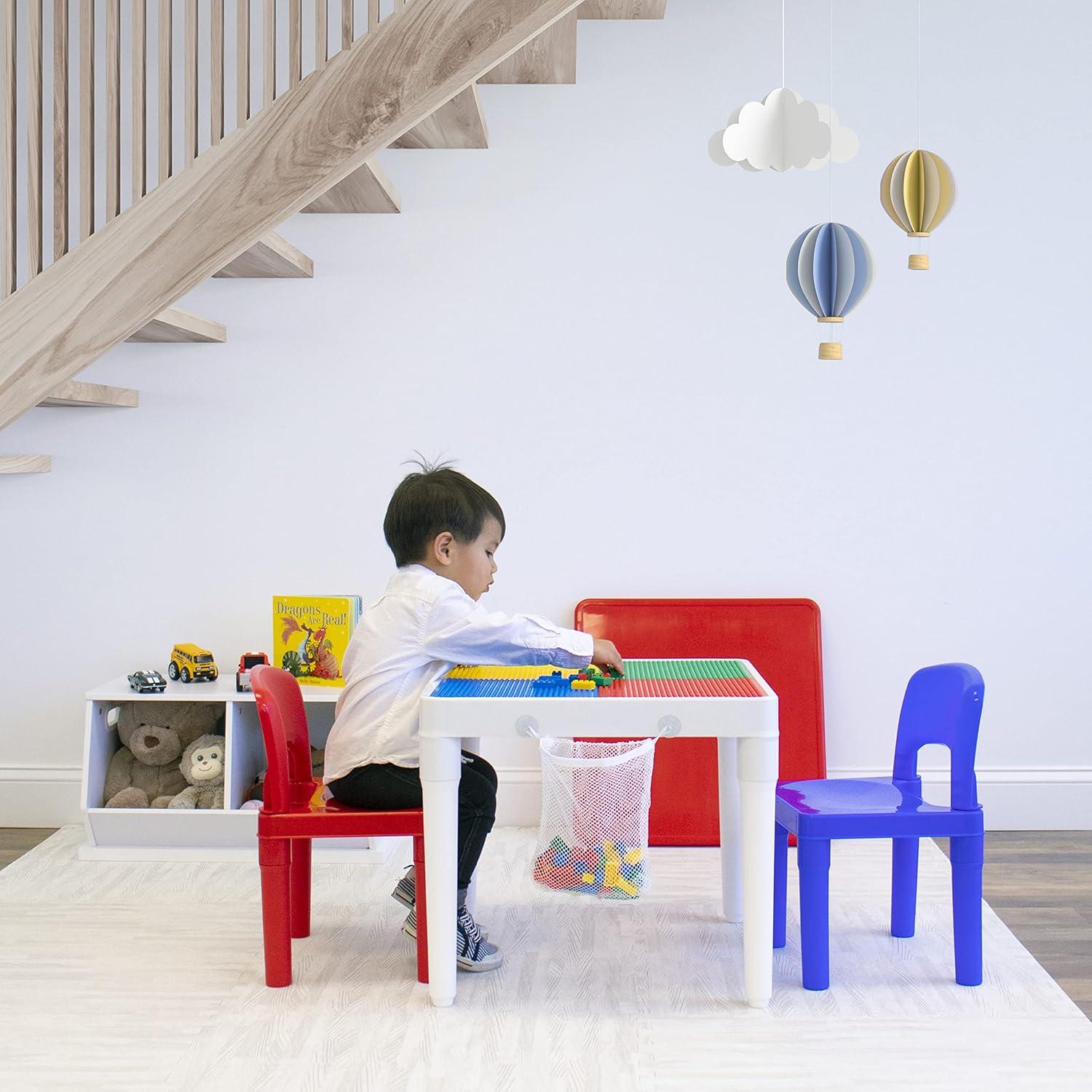 White and Primary Plastic Kids Activity Table with 2 Chairs and Building Blocks