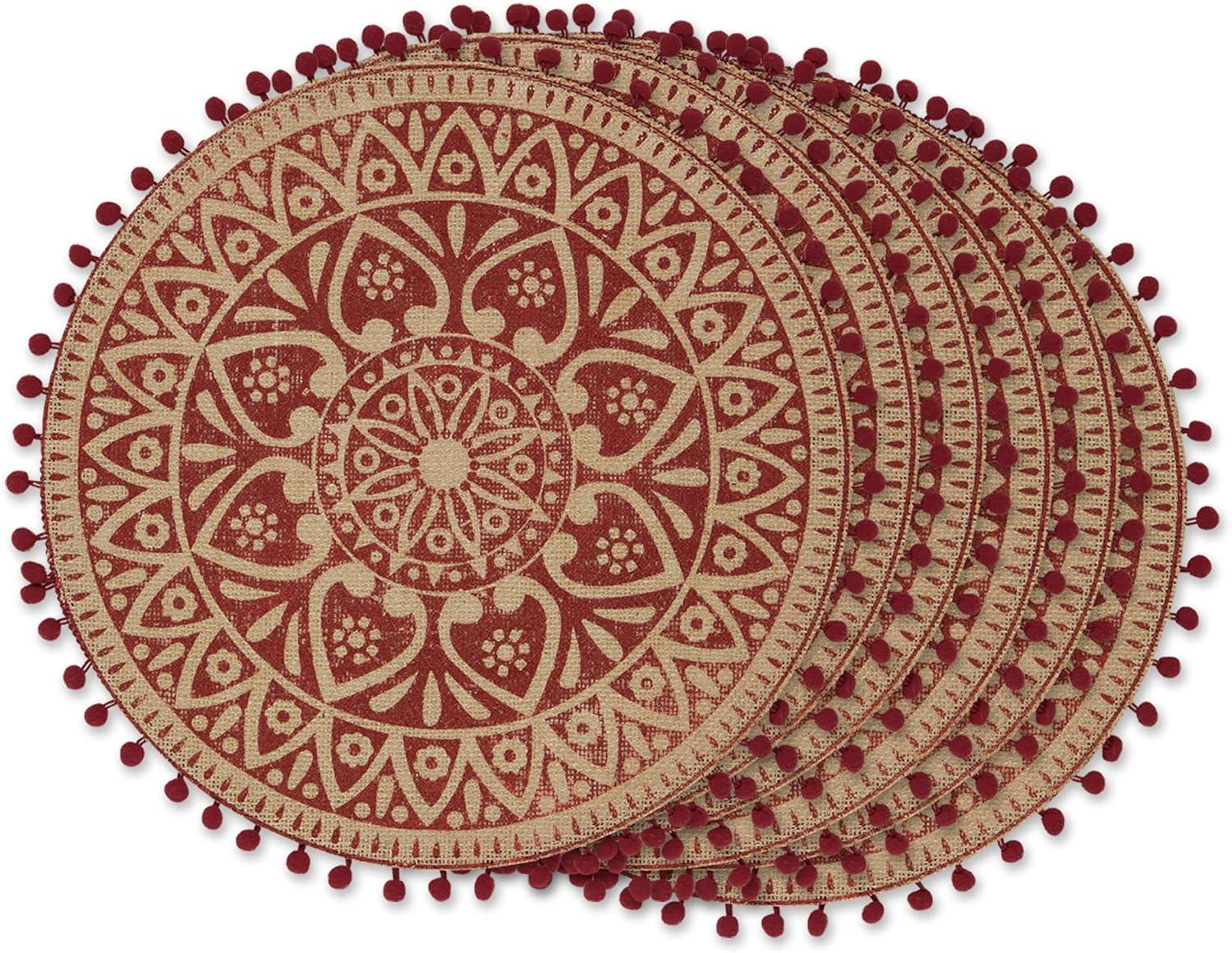 Barn Red and Beige Jute Round Geometric Placemats, Set of 6