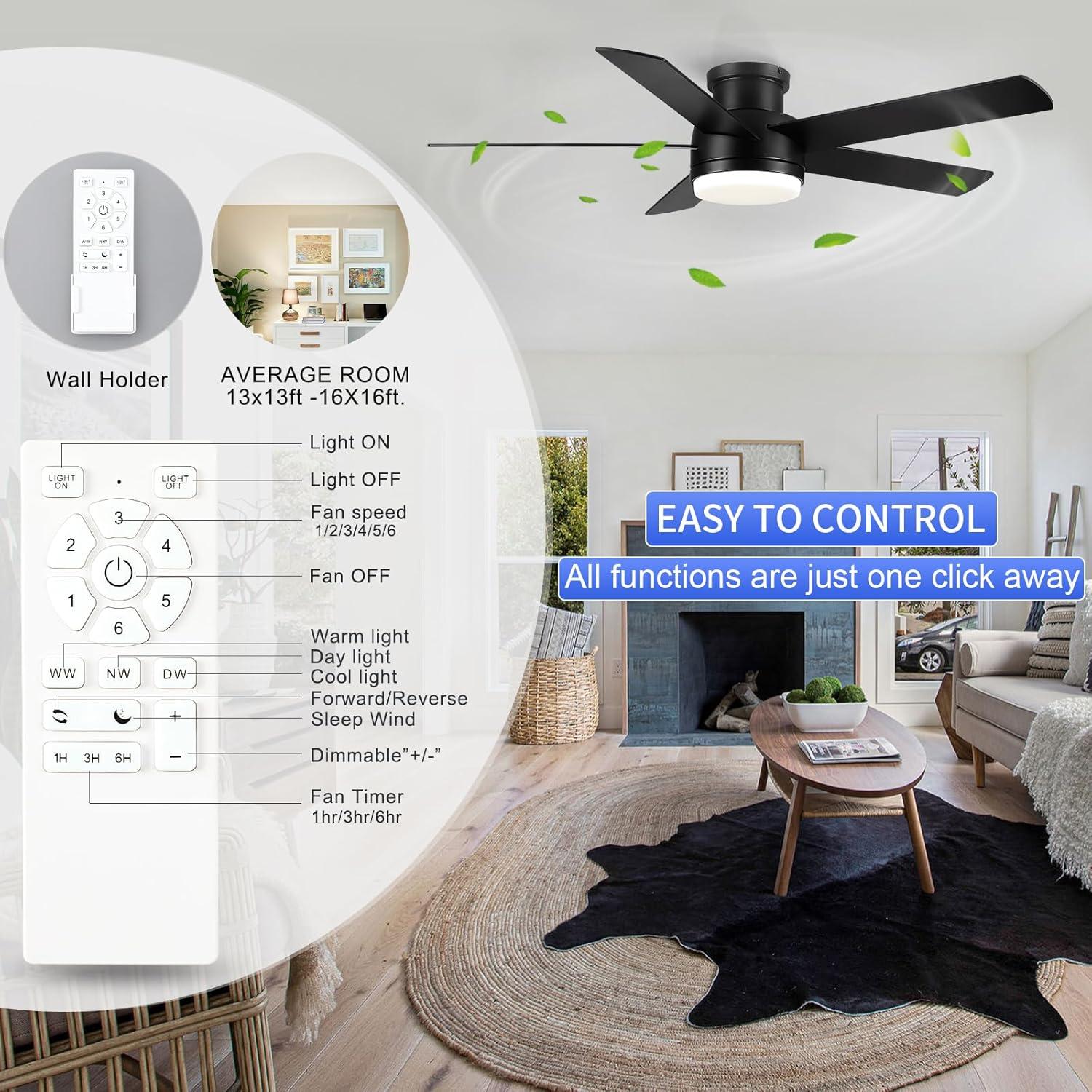 Low Profile 52" 5-Blades Indoor Flush Mount Ceiling Fan with Reversible DC Motor and Remote Control