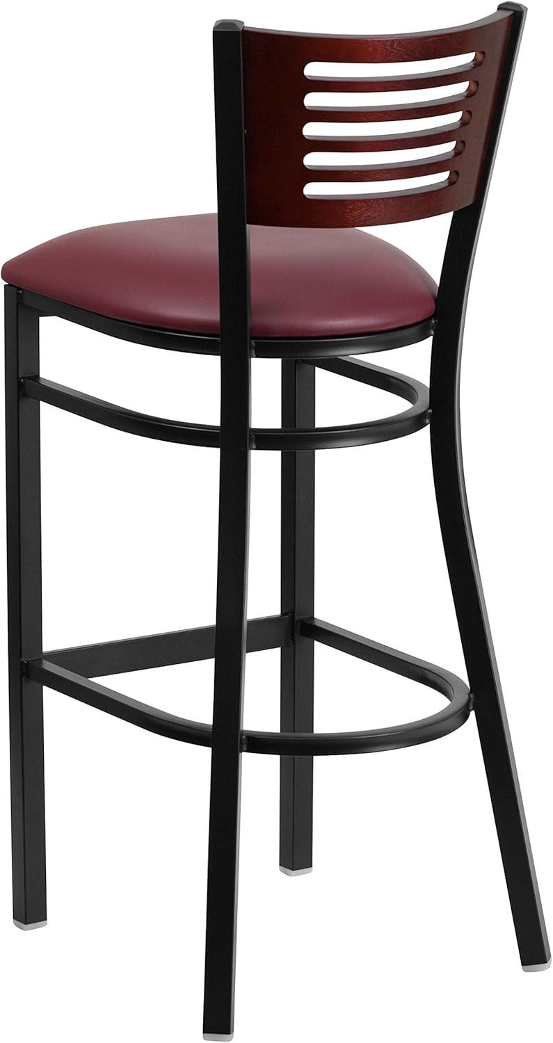 Flash Furniture HERCULES Series Black Slat Back Metal Restaurant Barstool - Mahogany Wood Back, Burgundy Vinyl Seat