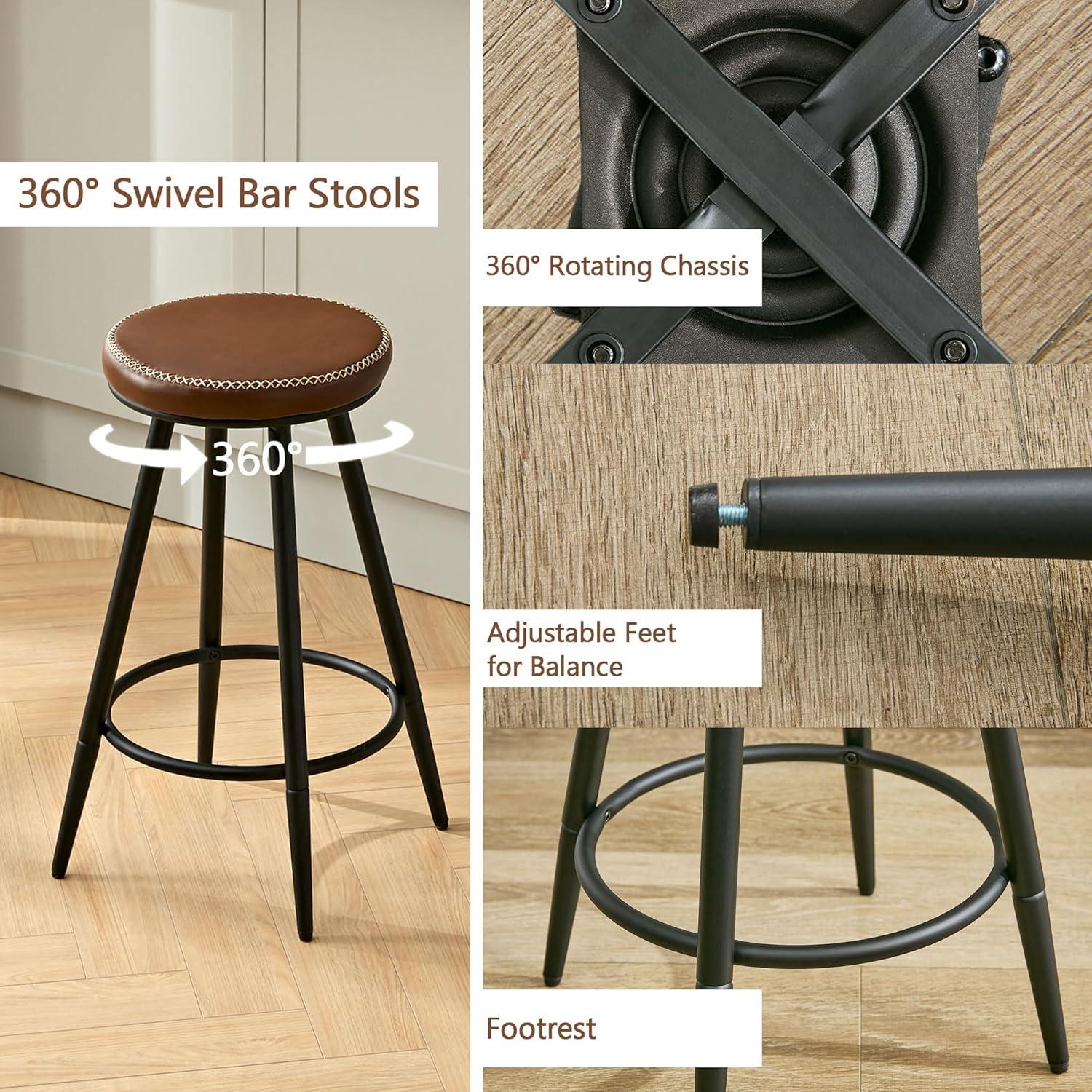 Adjustable Brown Faux Leather Saddle Bar Stools with Metal Legs