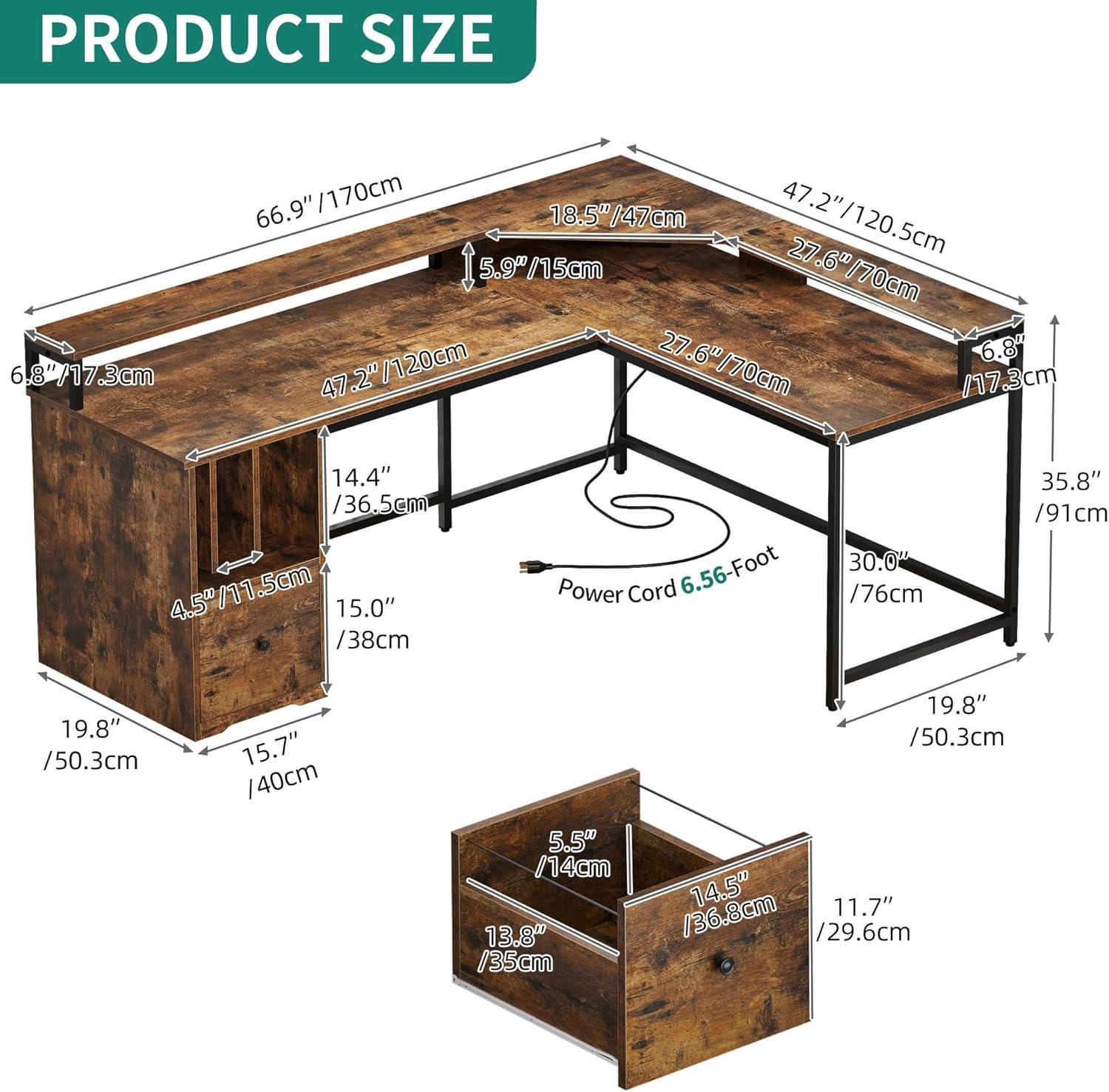 Rustic Brown L-Shaped Computer Desk with Power Outlets and Drawer