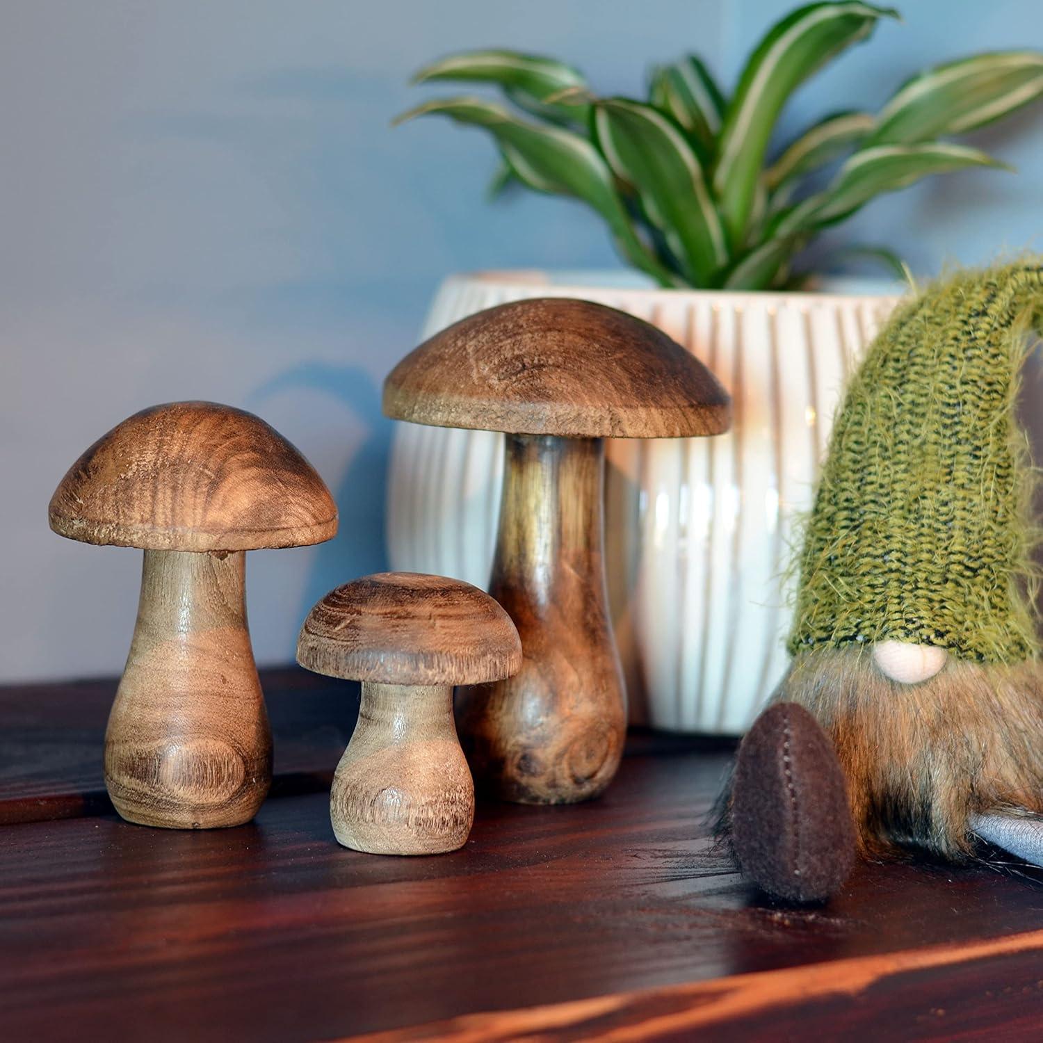 WHW Whole House Worlds Farmers Market Mushrooms, Set of 3, Decorative Figurines, Art, Dark Mango Wood, 4.75 Inches