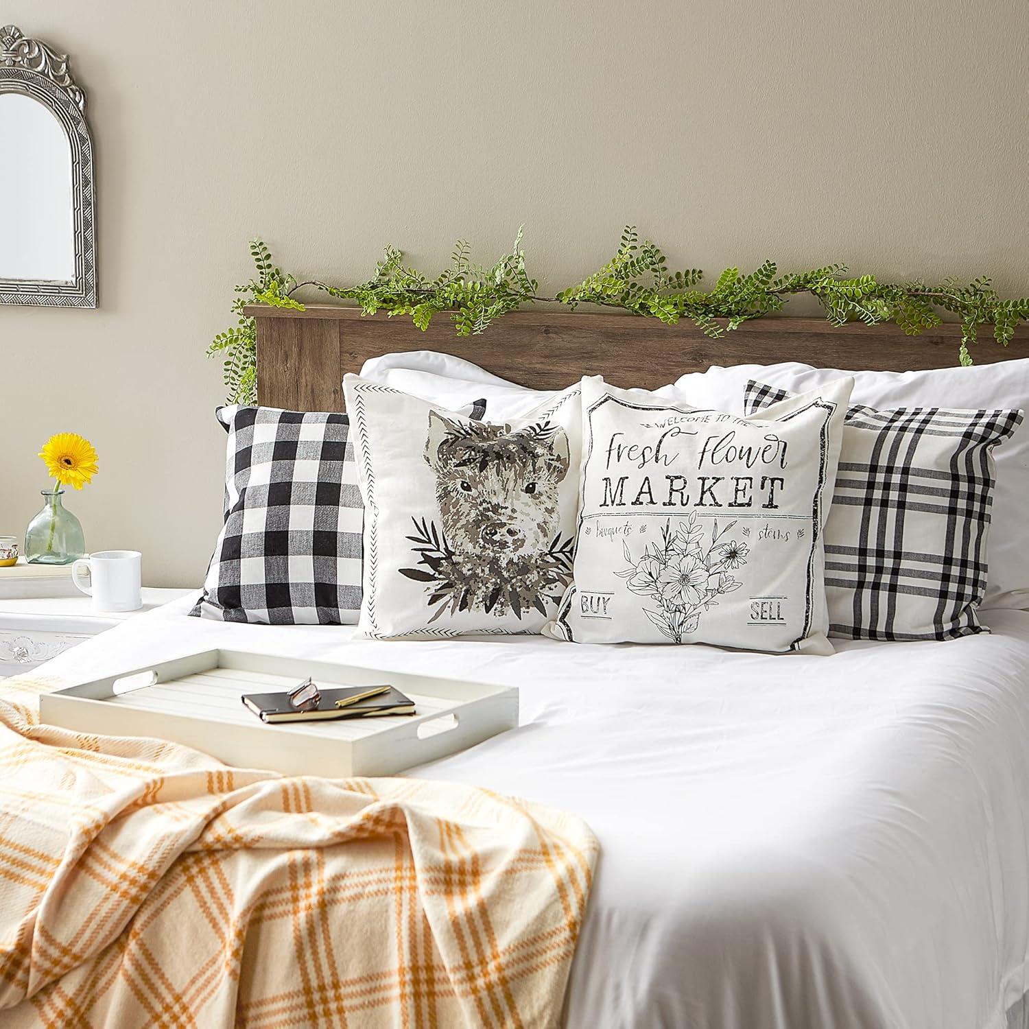 4pk 18"x18" Pig and Flower Market Farmhouse Check and Printed Square Throw Pillow Covers White - Design Imports: Cotton, Hidden Zipper