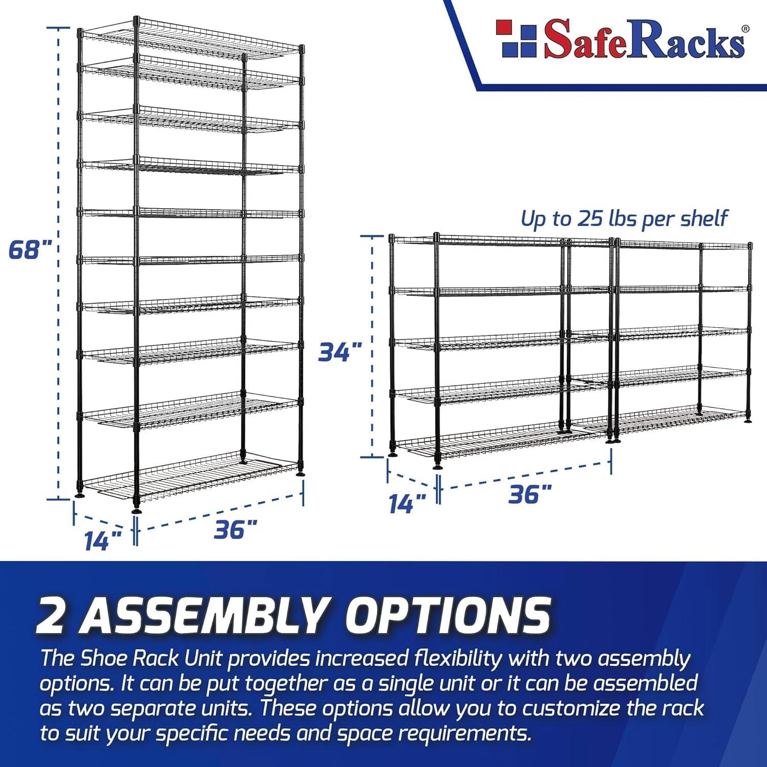 SafeRacks 10 Tier Stackable Steel Shoe Rack, 60 Shoe Pair Capacity, Black