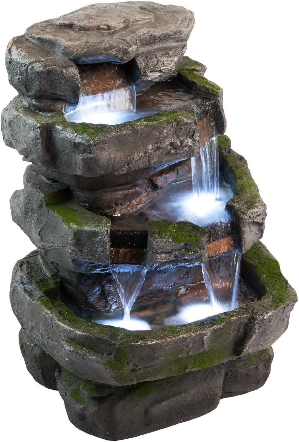 Moss Covered Gray Resin Rock Fountain with LED Lights