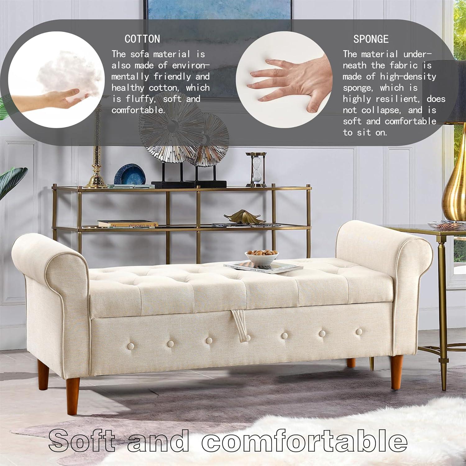 62"" Bedroom Tufted Button Storage Bench, Long Linen Upholstered Storage Ottoman Bench with Rolled Armrest, End of Bed Bench, Window Bench for Bedroom, Living Room, Entryway (Beige), 1