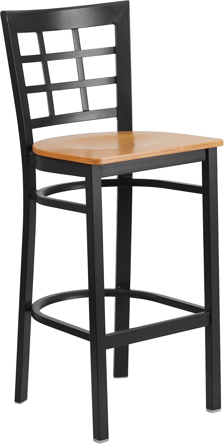 Black Metal Window Back Barstool with Natural Wood Seat