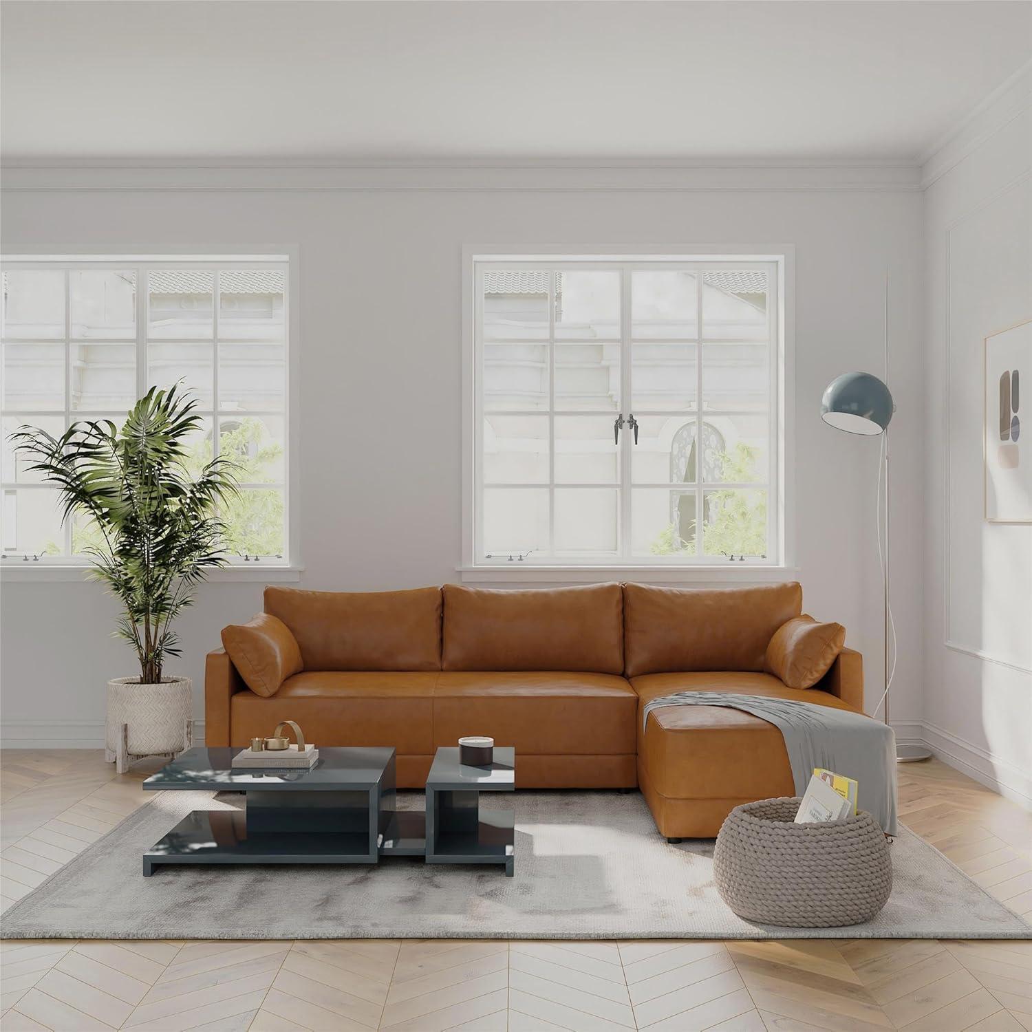 Dorel Living Kindra Sectional Sofa, Camel Faux Leather