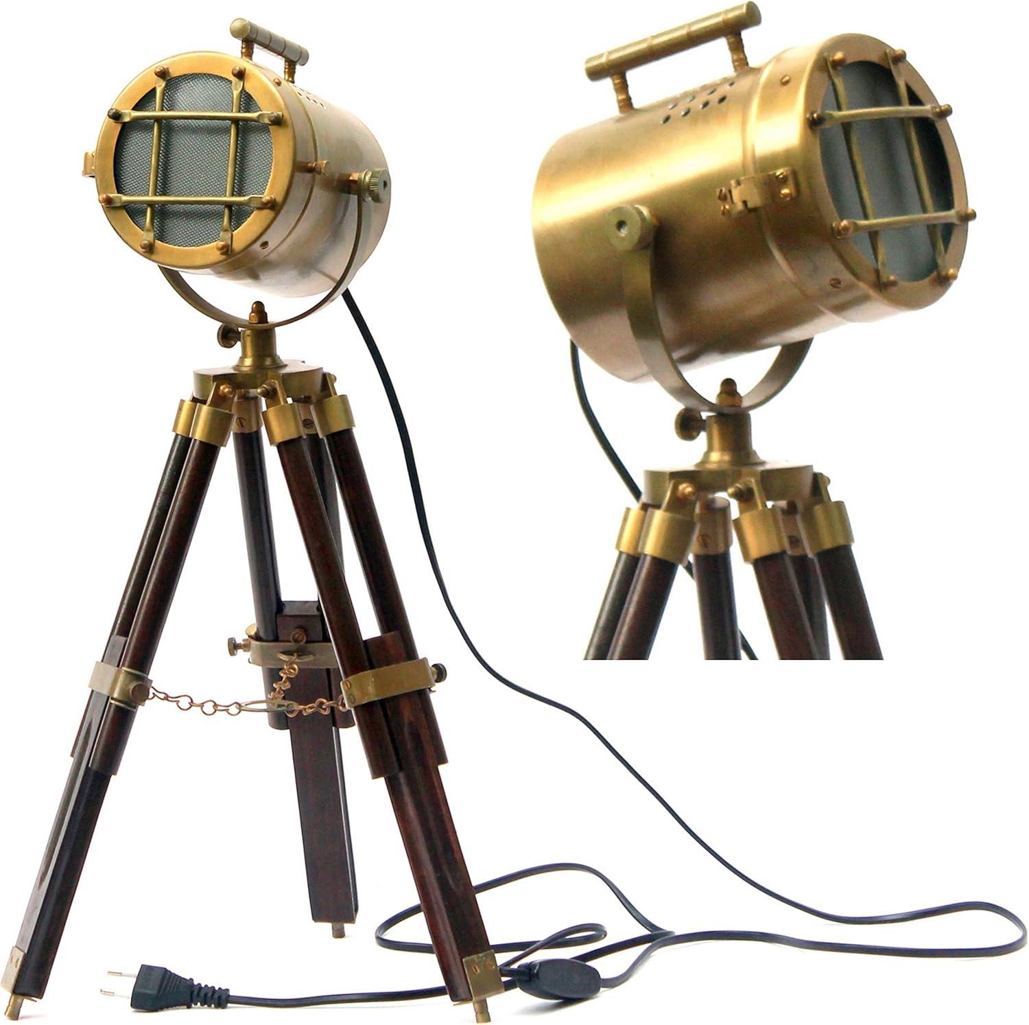 collectiblesBuy Vintage Model Searchlight Wood Antique Tripod Style Lamps LED Spotlights Desktop Home & Office Decor Brown-Brass