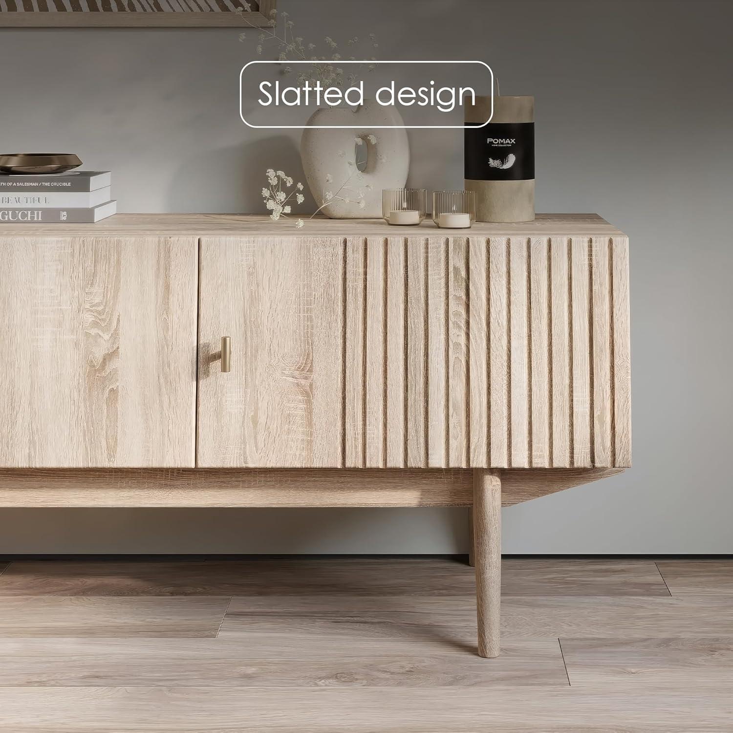 Living Skog  Chelsea Brown TV Stand Fits for TV's up to 65 in. with Slatted Design and Wood Legs Beige Matte Laminate, MDF