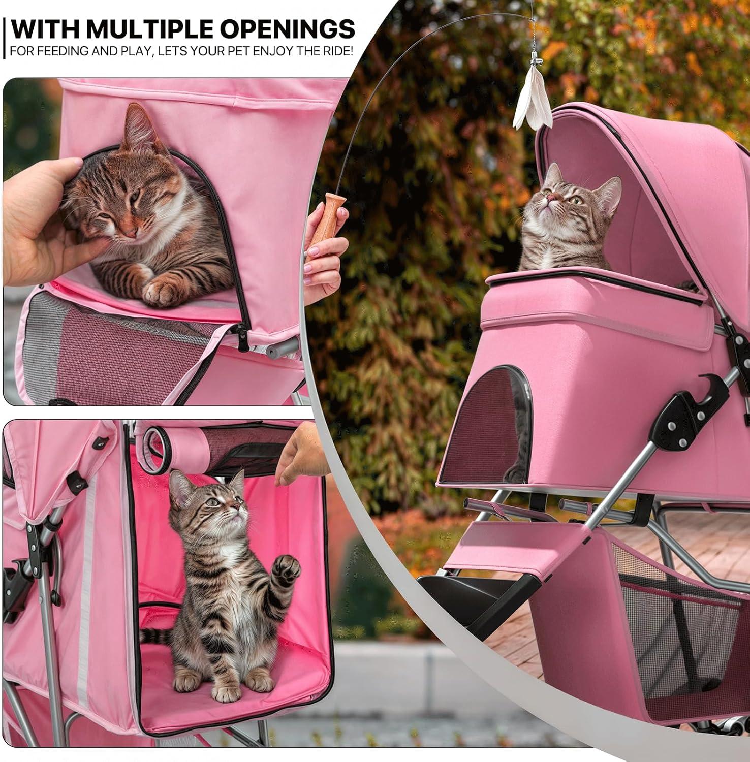 3 Wheel Folding Pet Stroller, Foldable Dog Jogger Stroller with Storage Basket, Cup Holder & Canopy