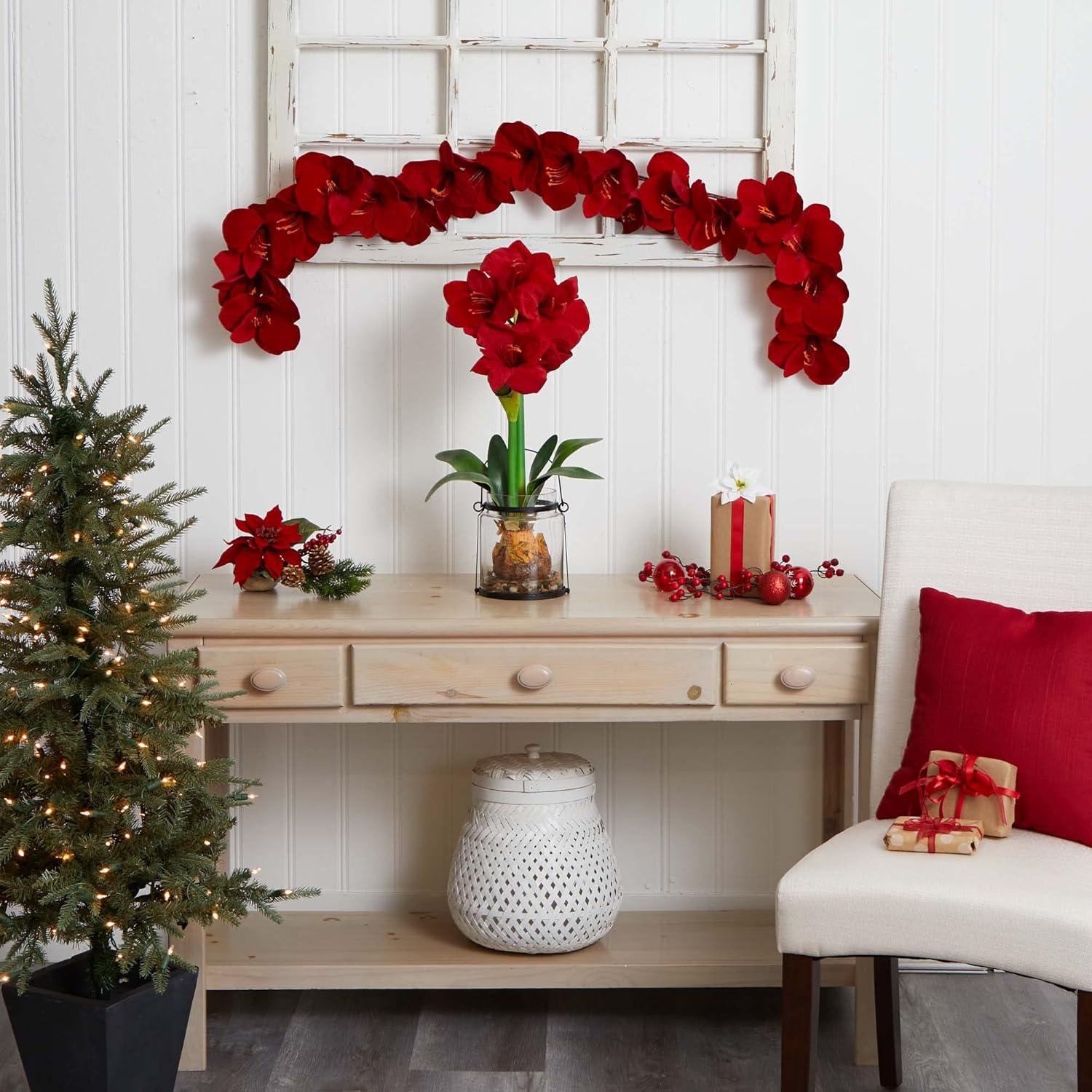 Nearly Natural 5' Amaryllis Silk Garland: Indoor Faux Floral Decor, Unlit Polyester & Plastic, Wall Accent