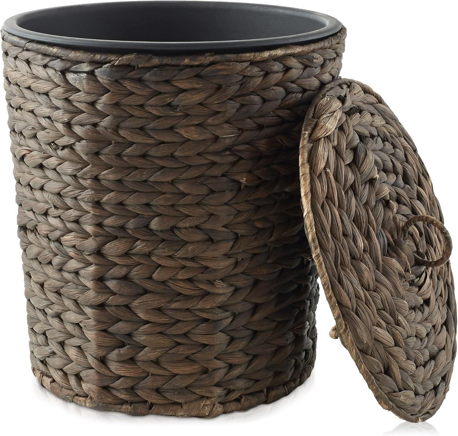 Espresso Water Hyacinth Woven Bathroom Trash Can with Lid