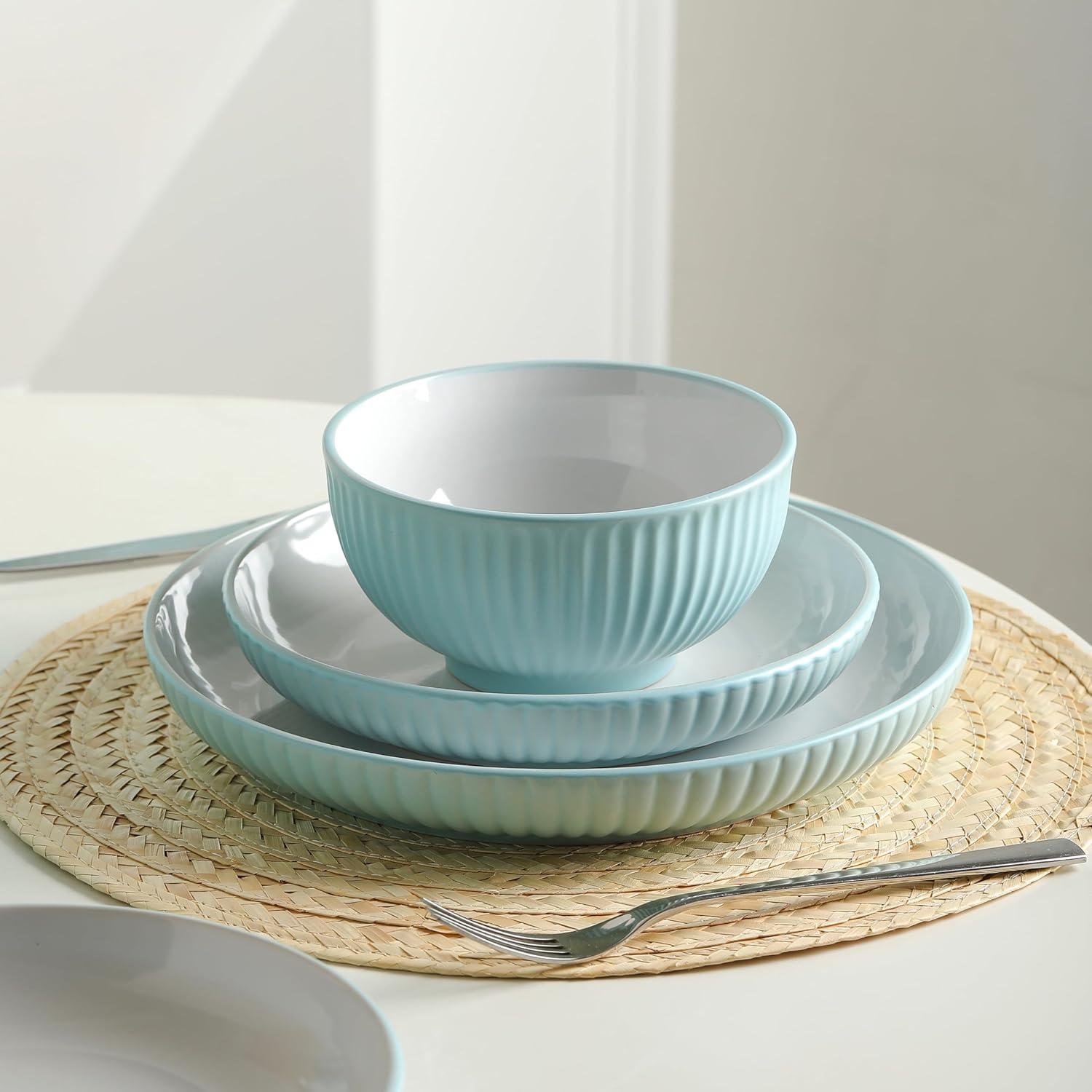 Teal Ceramic Ridged 16-Piece Dinnerware Set for 4