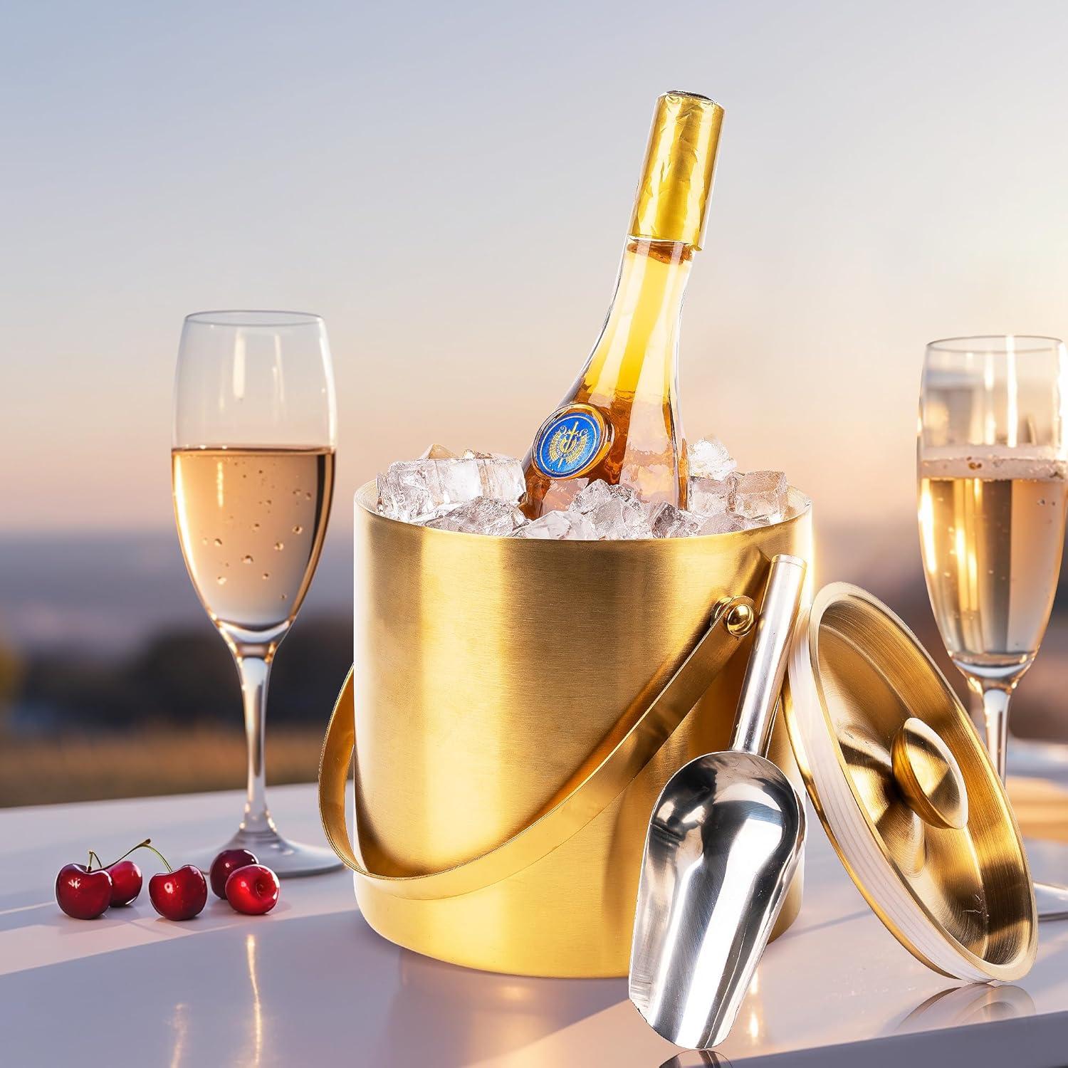 3L Double Wall Insulated Stainless Steel Ice Bucket with scoop & Strainer for Cocktail Bar,Metal Ice Bucket for freezer with Lid for parties.ice Container to Keep Ice Colder,bar cart accessories(gold)