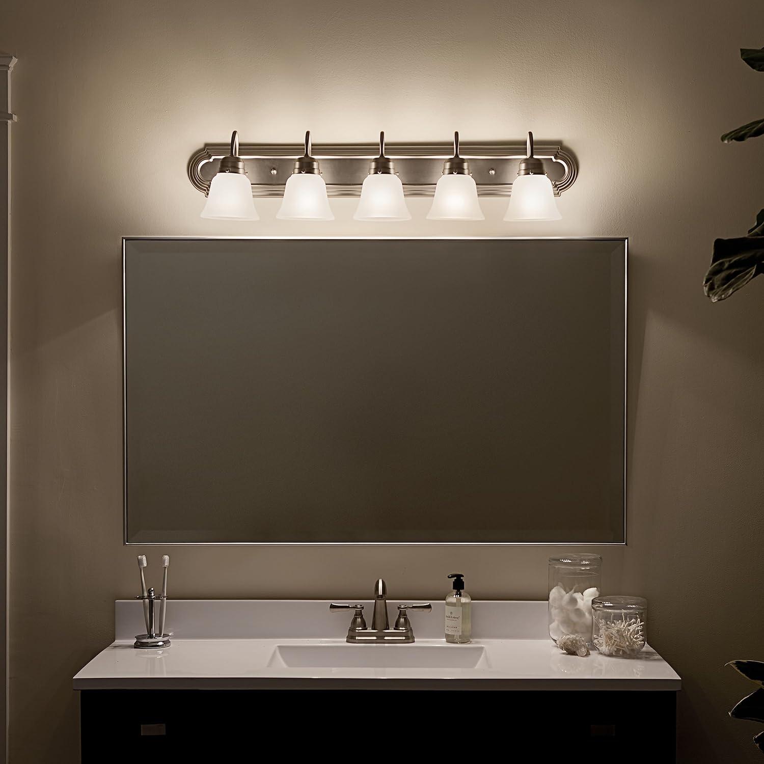 Nickel 36" 5-Light Vanity Bath Light with White Bell Shades