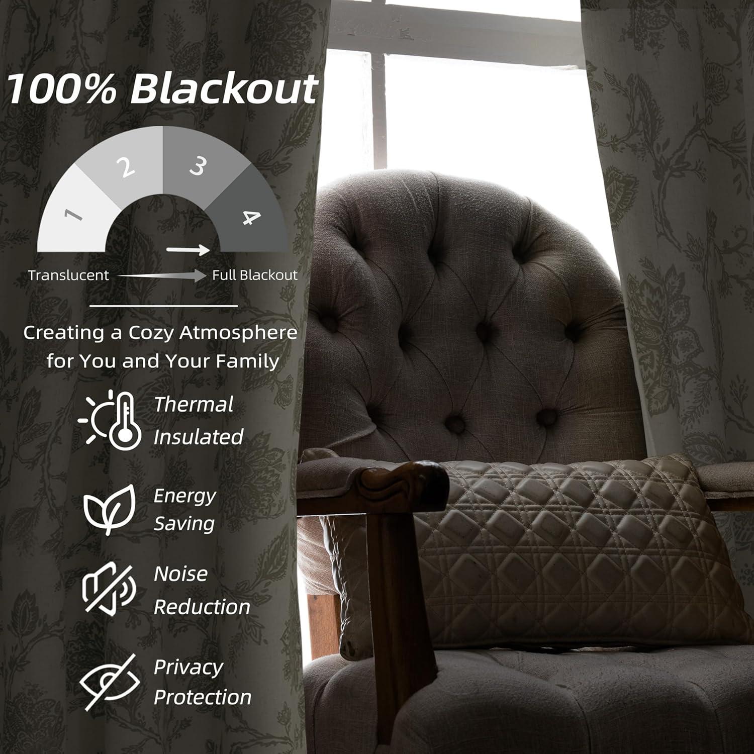 DriftAway Freda Jacobean Floral Linen Blend Lined Thermal Insulated Room Darkening Blackout Grommet Window Curtains 2 Layers 2 Panels Each 52 Inch by 63 Inch Taupe Beige