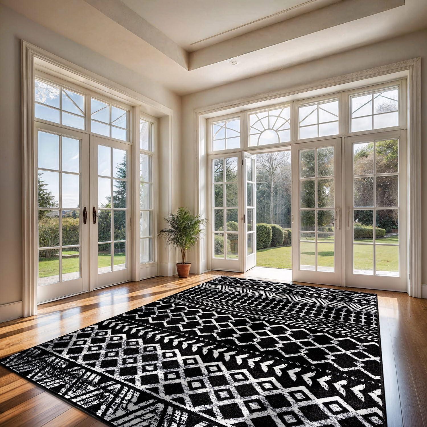 CAMILSON Crystal Black Area Rug7'10"x10' Boho for Living Room Bedroom Dining Room Black Indoor Area Rugs